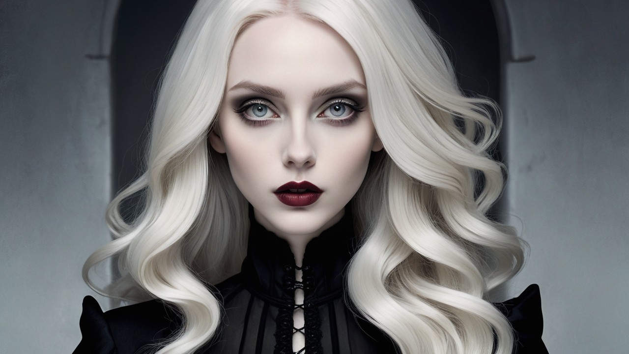 Striking figure with platinum hair in gothic setting