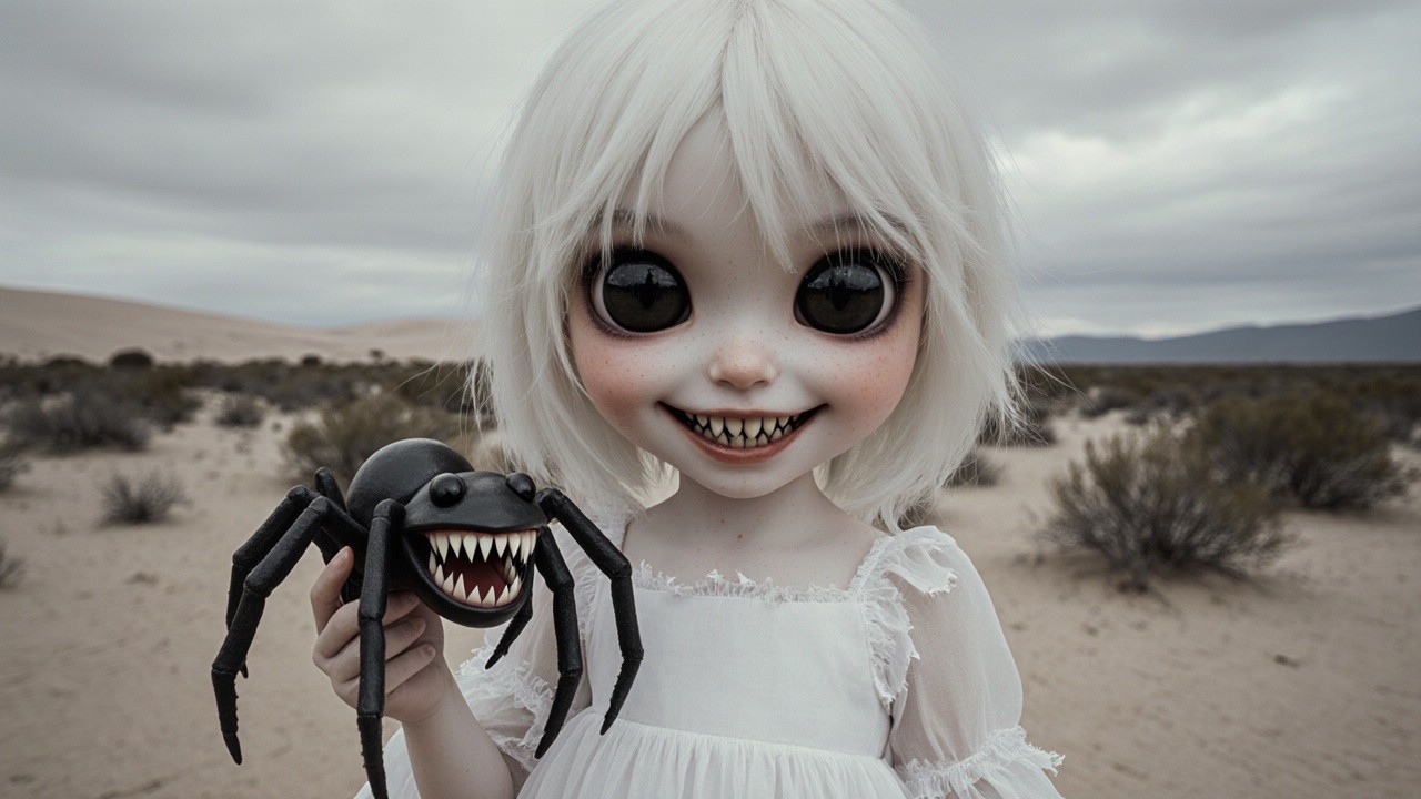 Doll-like Figure in Desert with Spider Toy