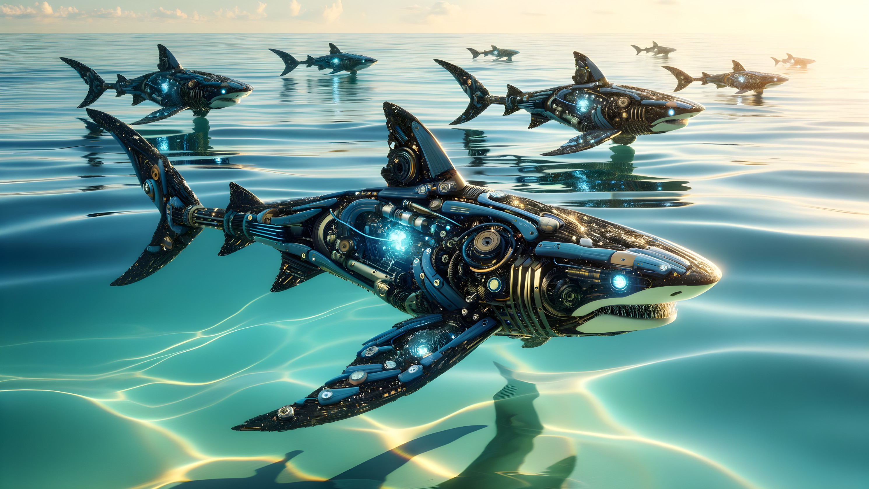 Robotic Sharks Gliding Through Clear Blue Waters