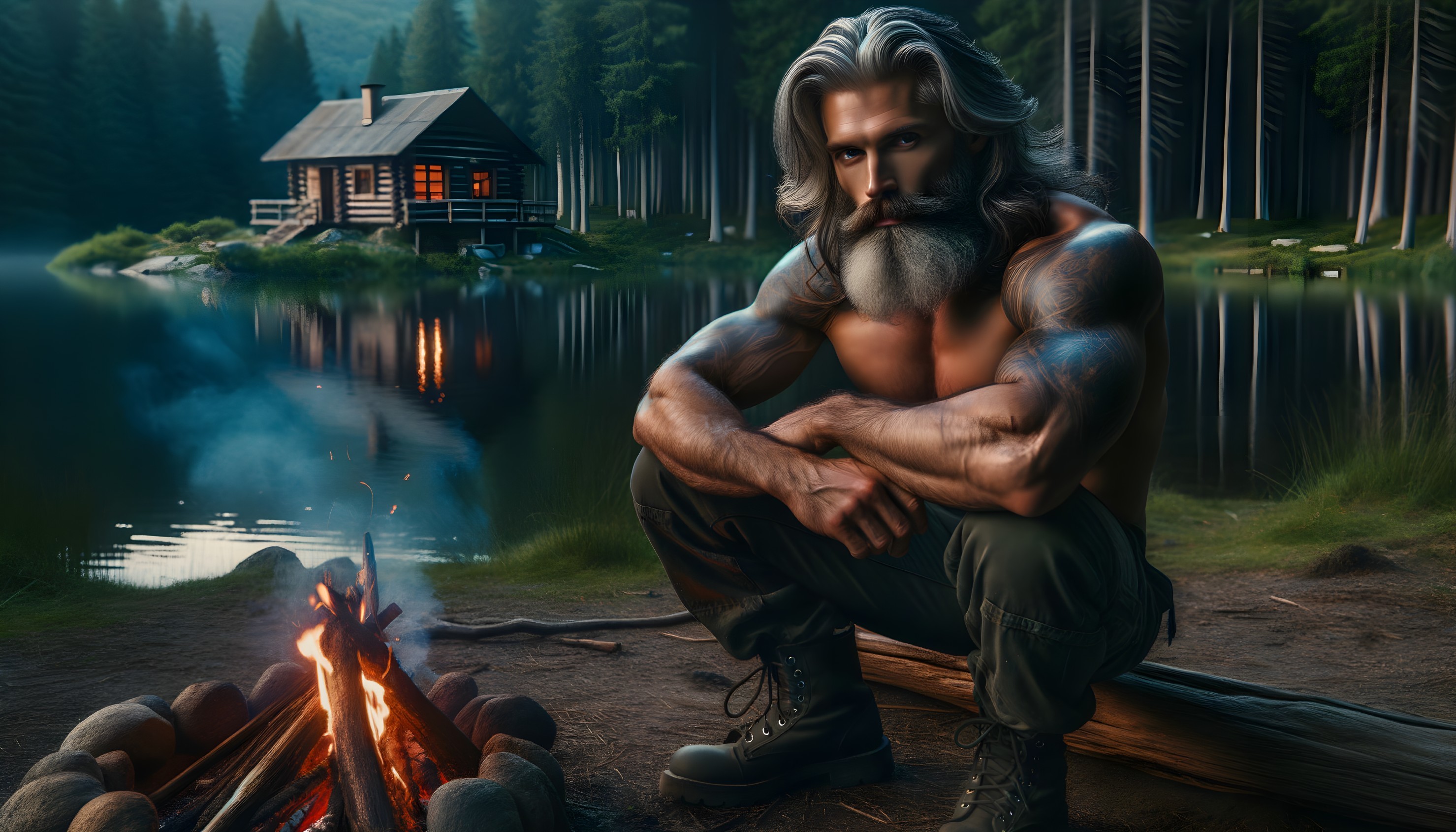Muscular Man by Campfire Near Rustic Cabin and Lake