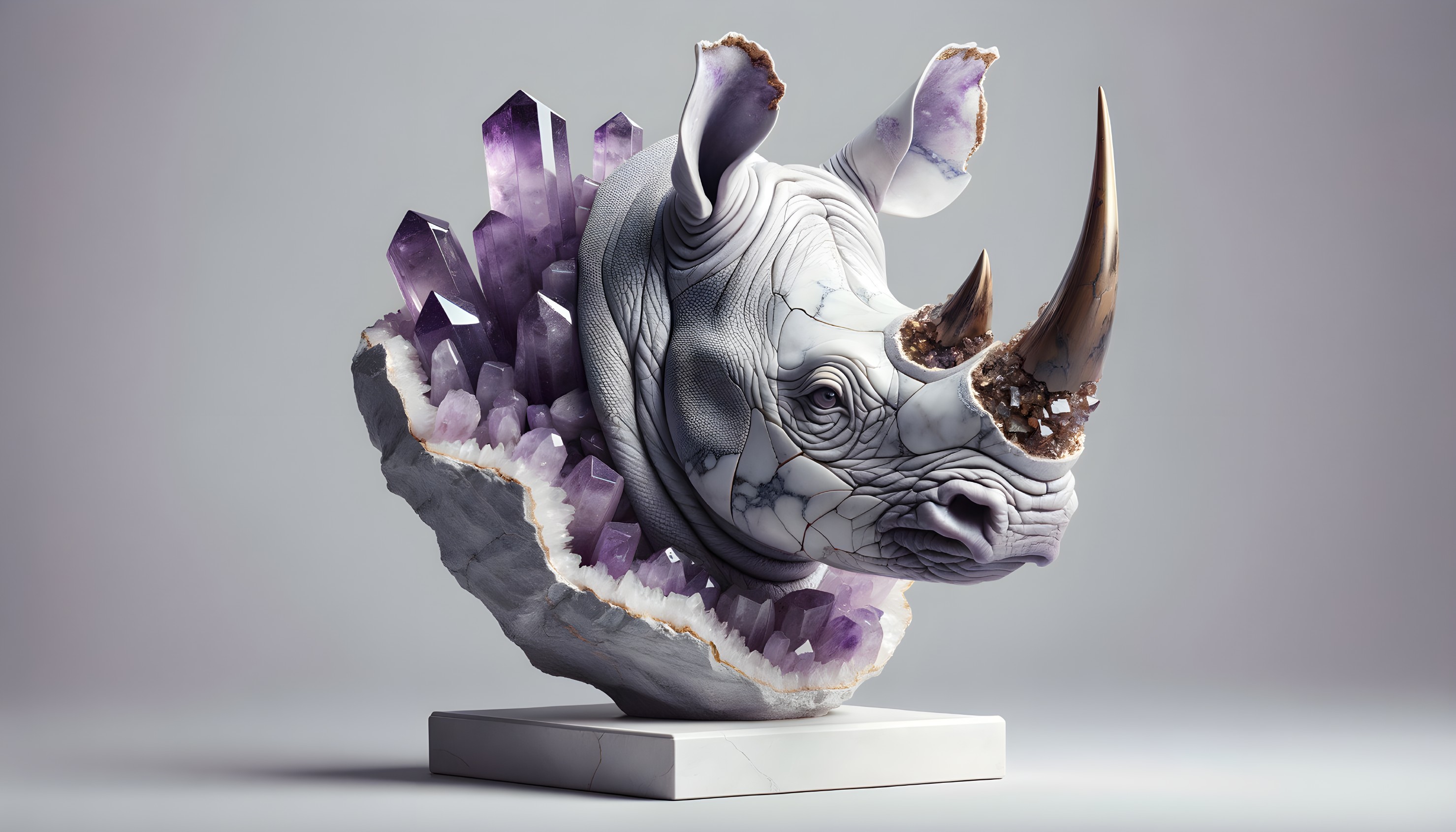 Sculpture of Rhinoceros Head with Amethyst Crystals