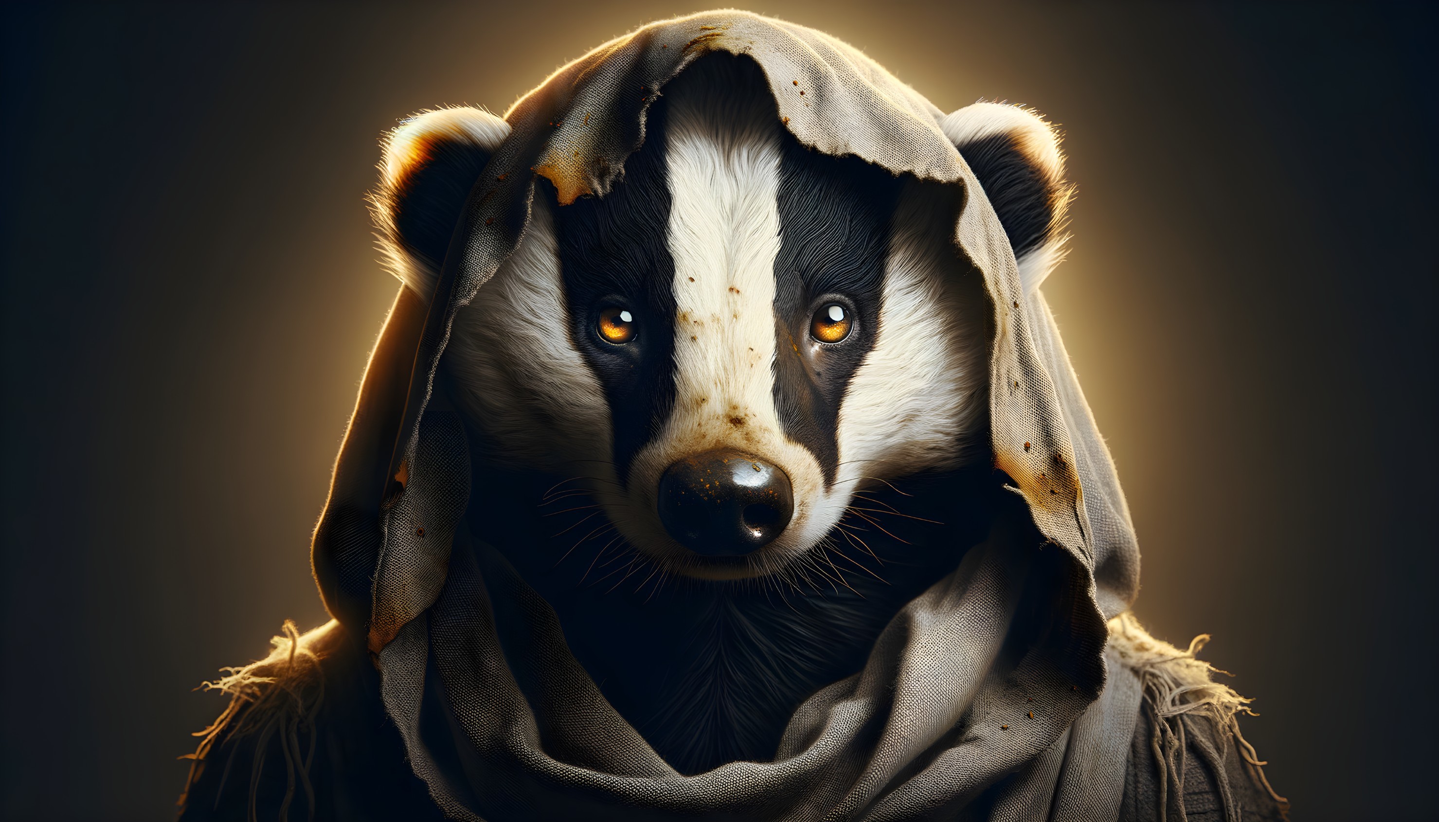 Mystical Badger Figure with Glowing Eyes in Shadows