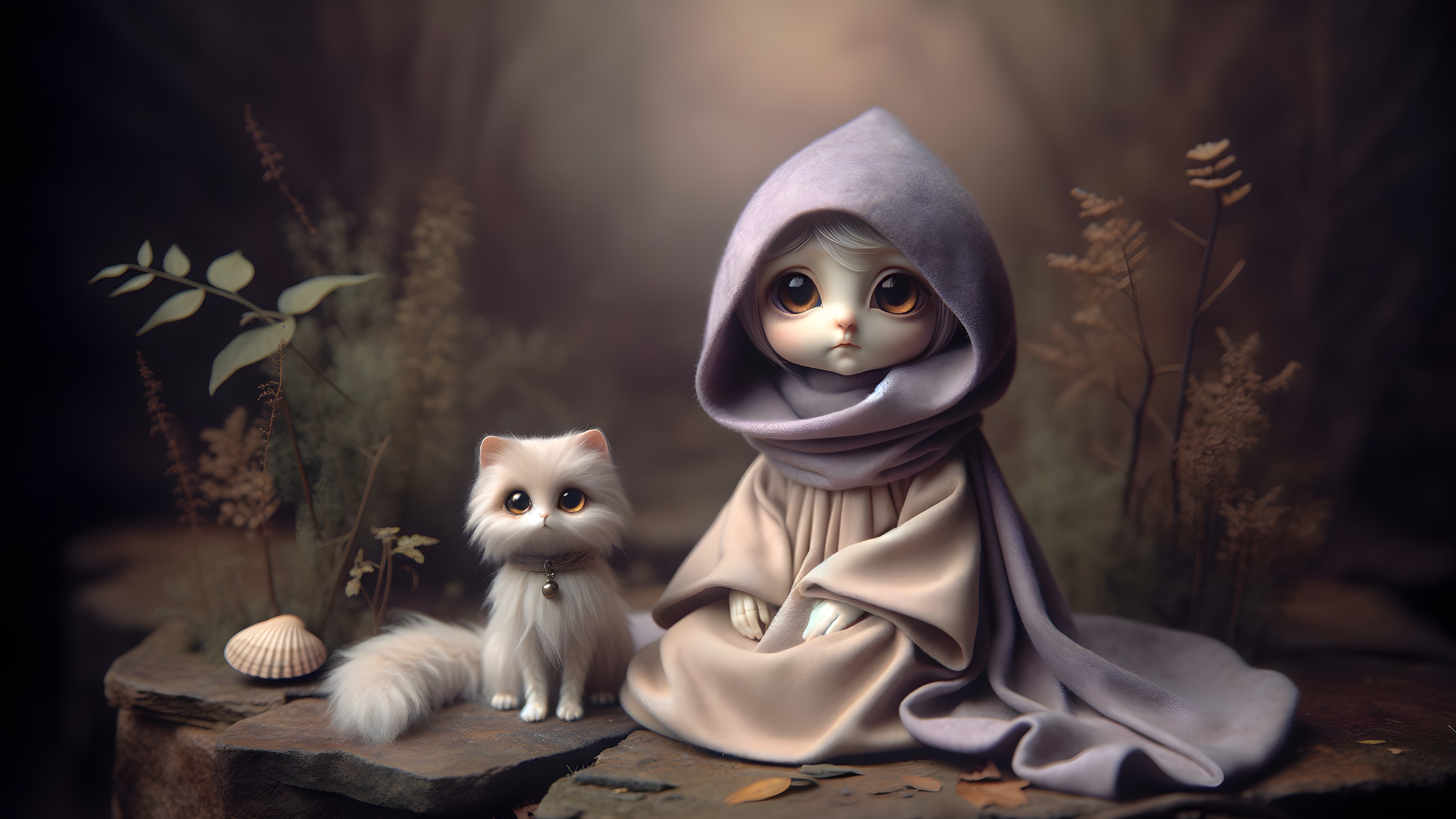 Whimsical doll figure and cat in enchanted forest