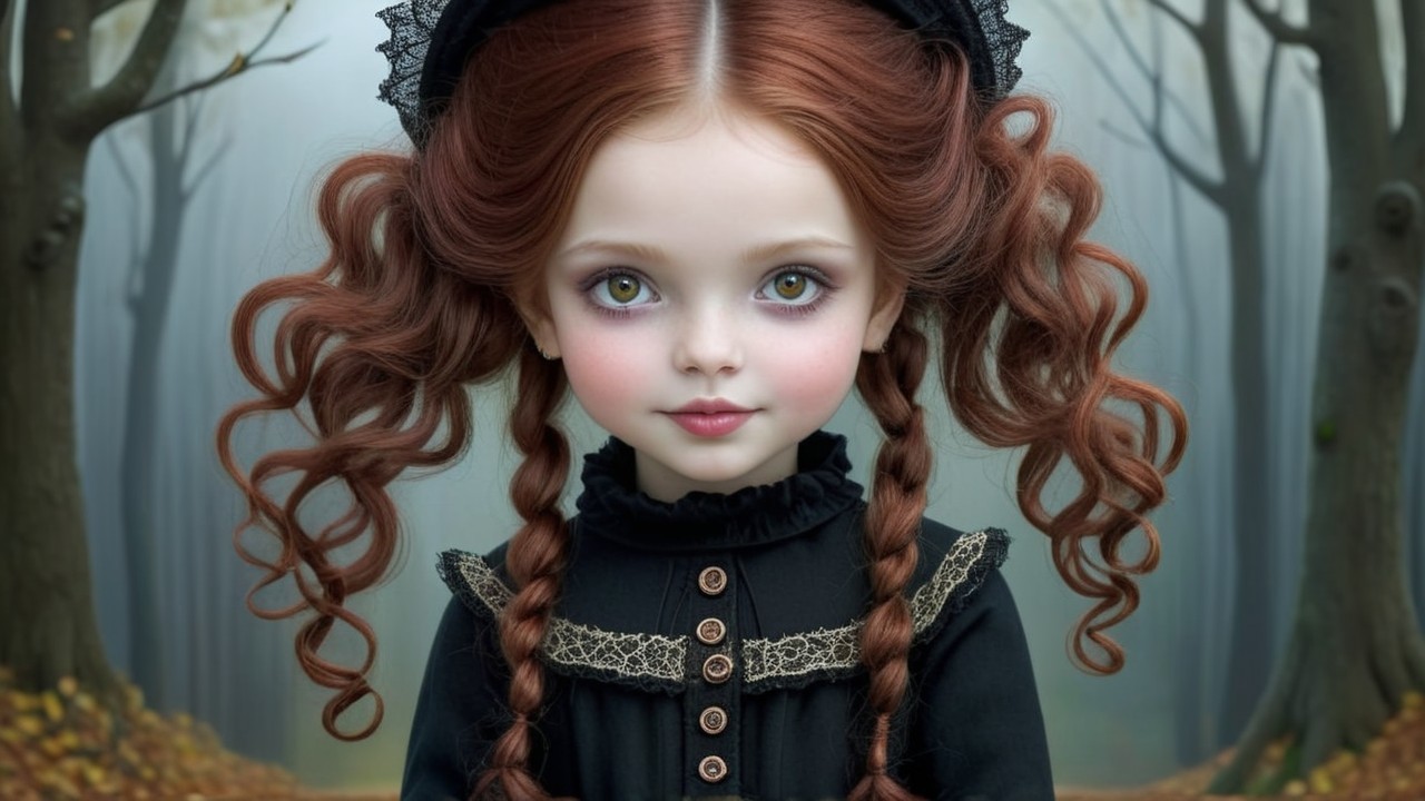 Whimsical Doll in Victorian Outfit in Foggy Forest