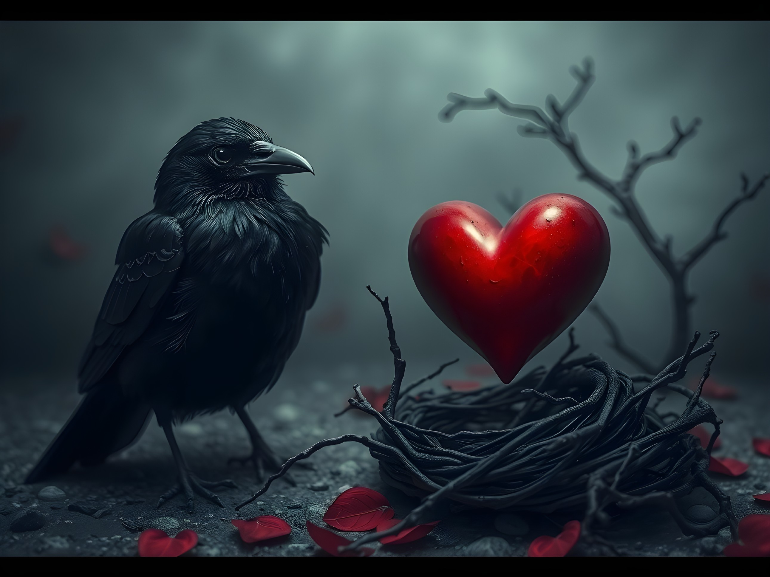 Raven and Heart Nest in Romantic, Dreamlike Setting