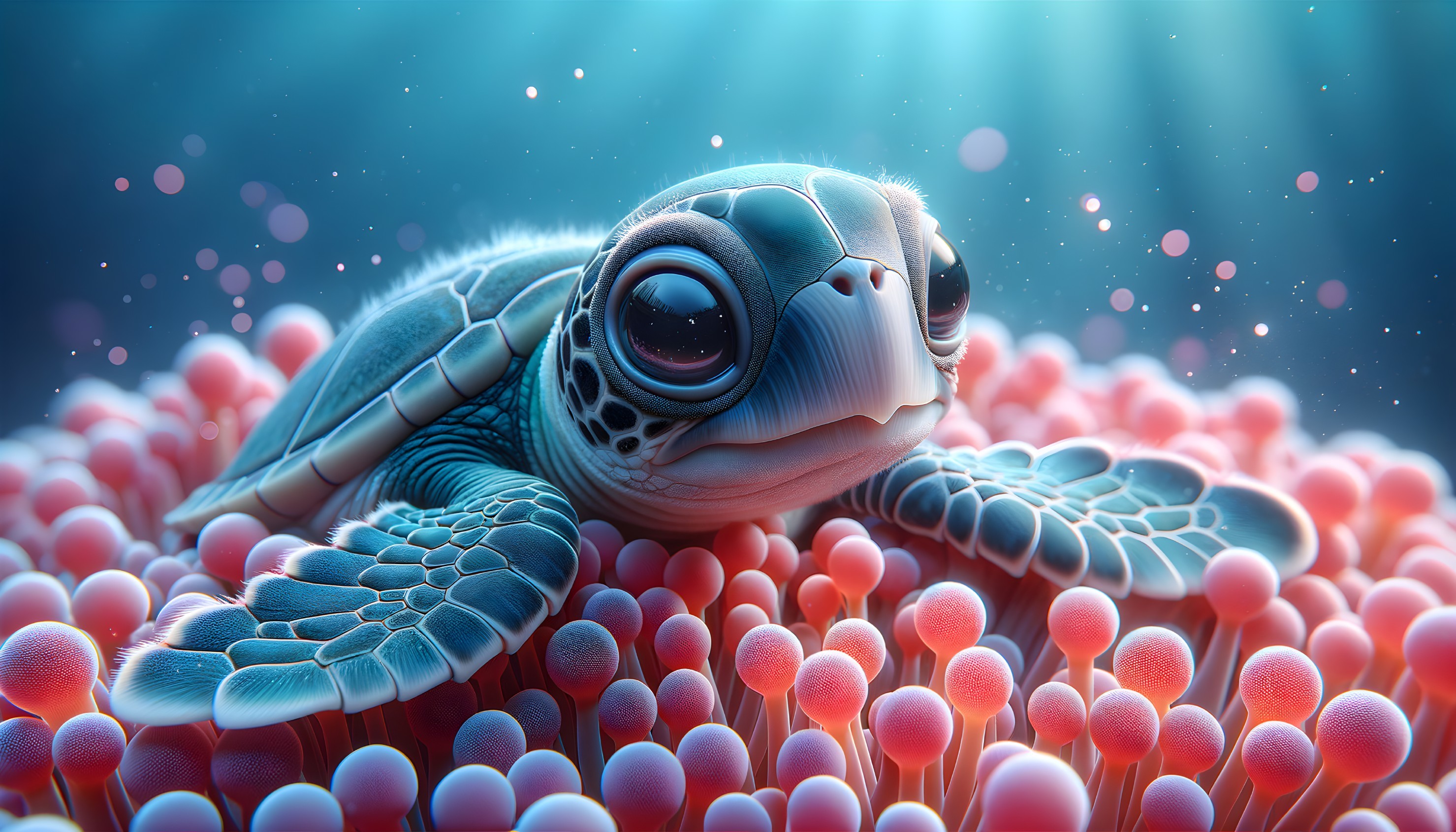 Baby sea turtle resting on vibrant coral bed