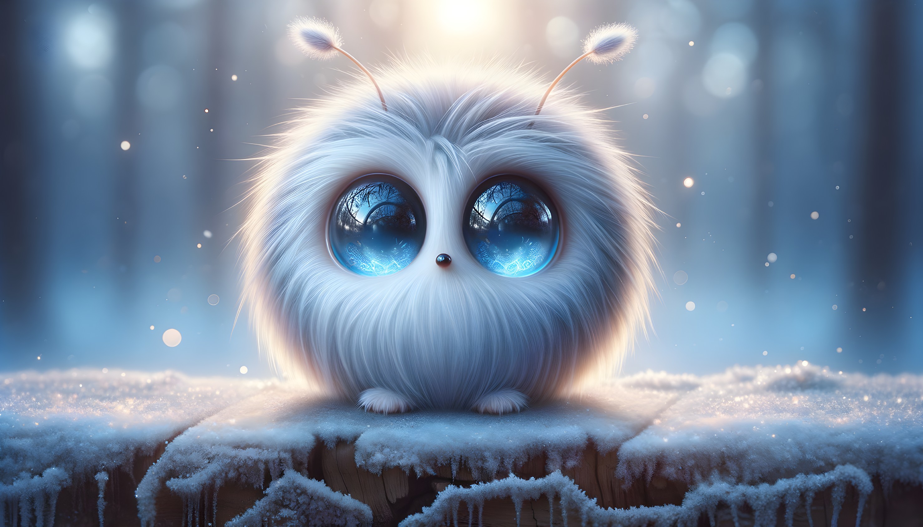 Whimsical Fluffy Creature in Serene Winter Landscape