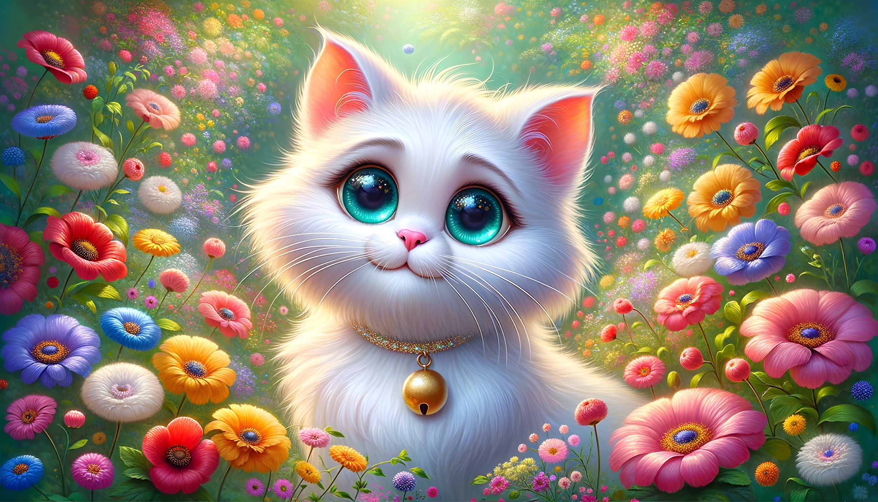 Fluffy White Kitten in a Colorful Flower Garden