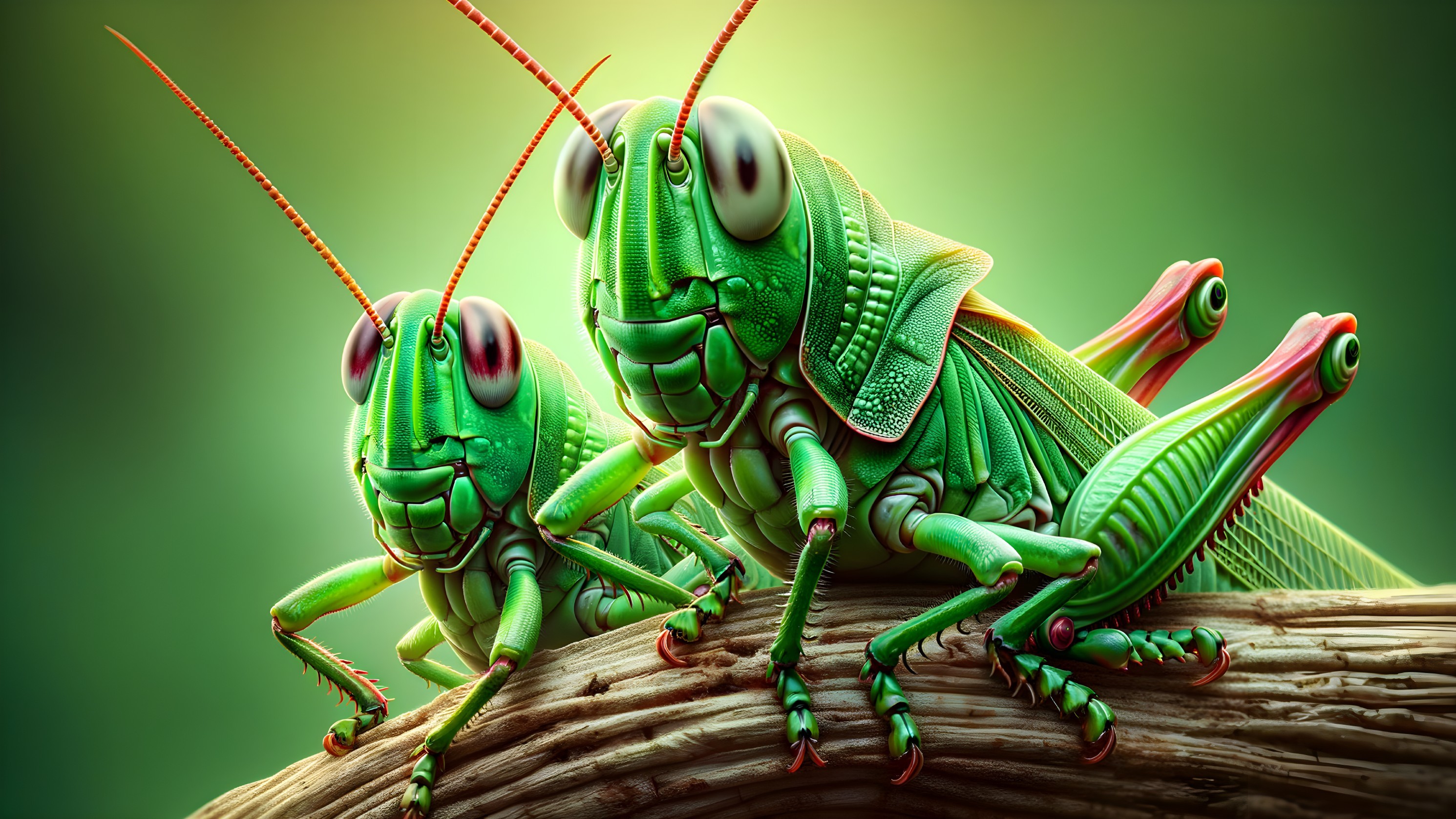 Green Grasshoppers on Textured Wooden Branch Background