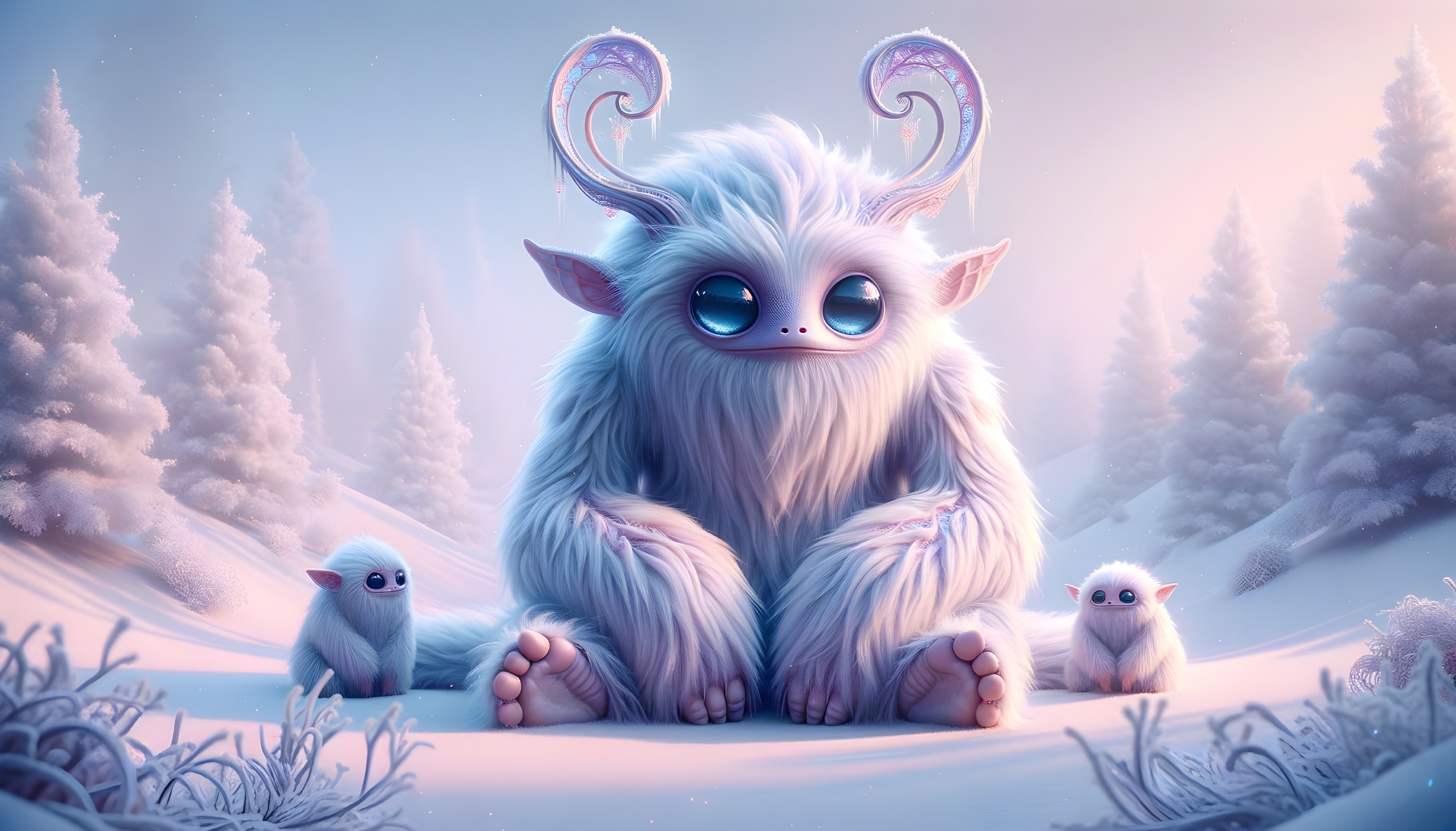 Snowy Landscape with Whimsical White Creatures