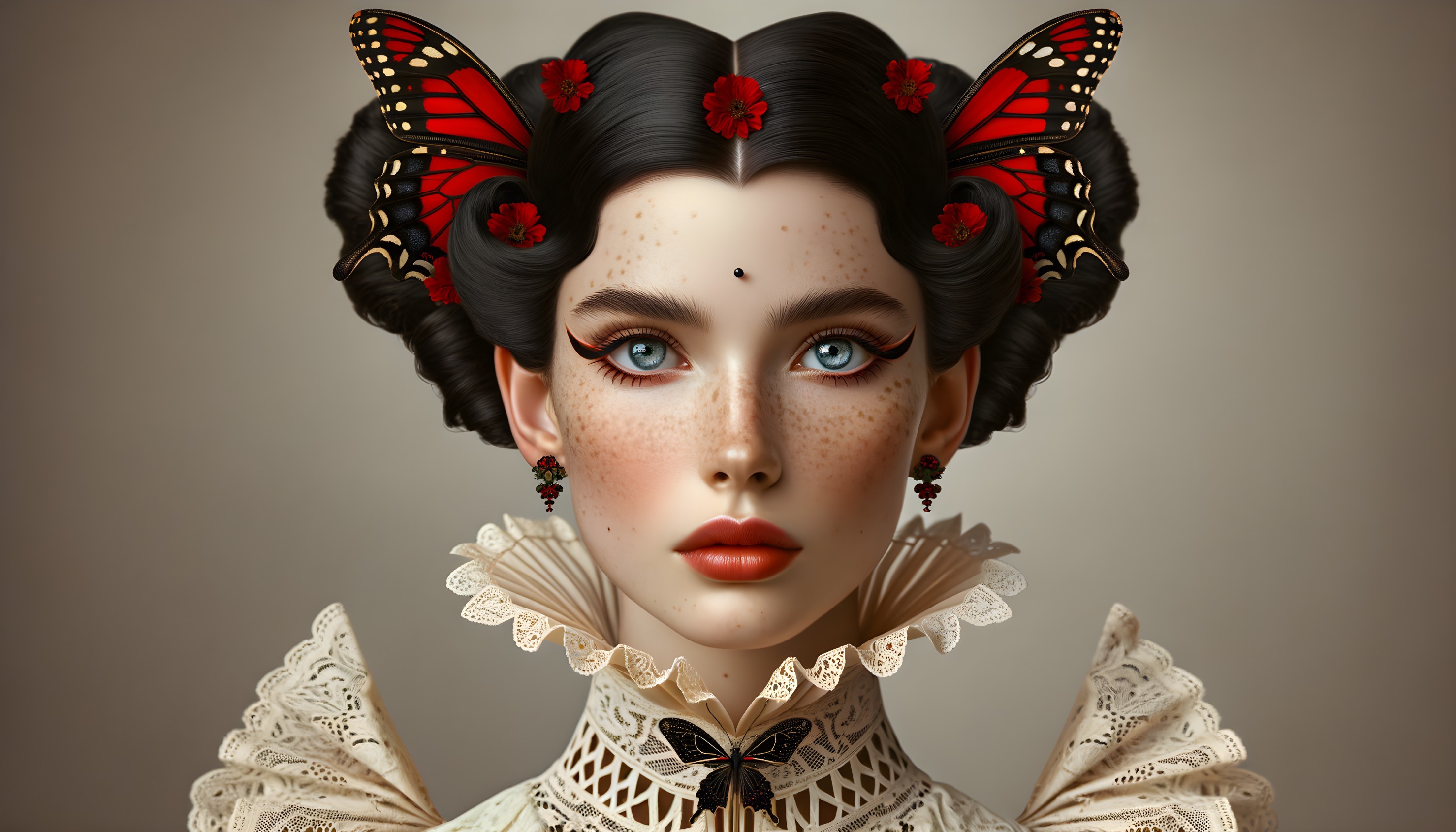 Portrait of a Young Woman with Butterfly Hairstyles