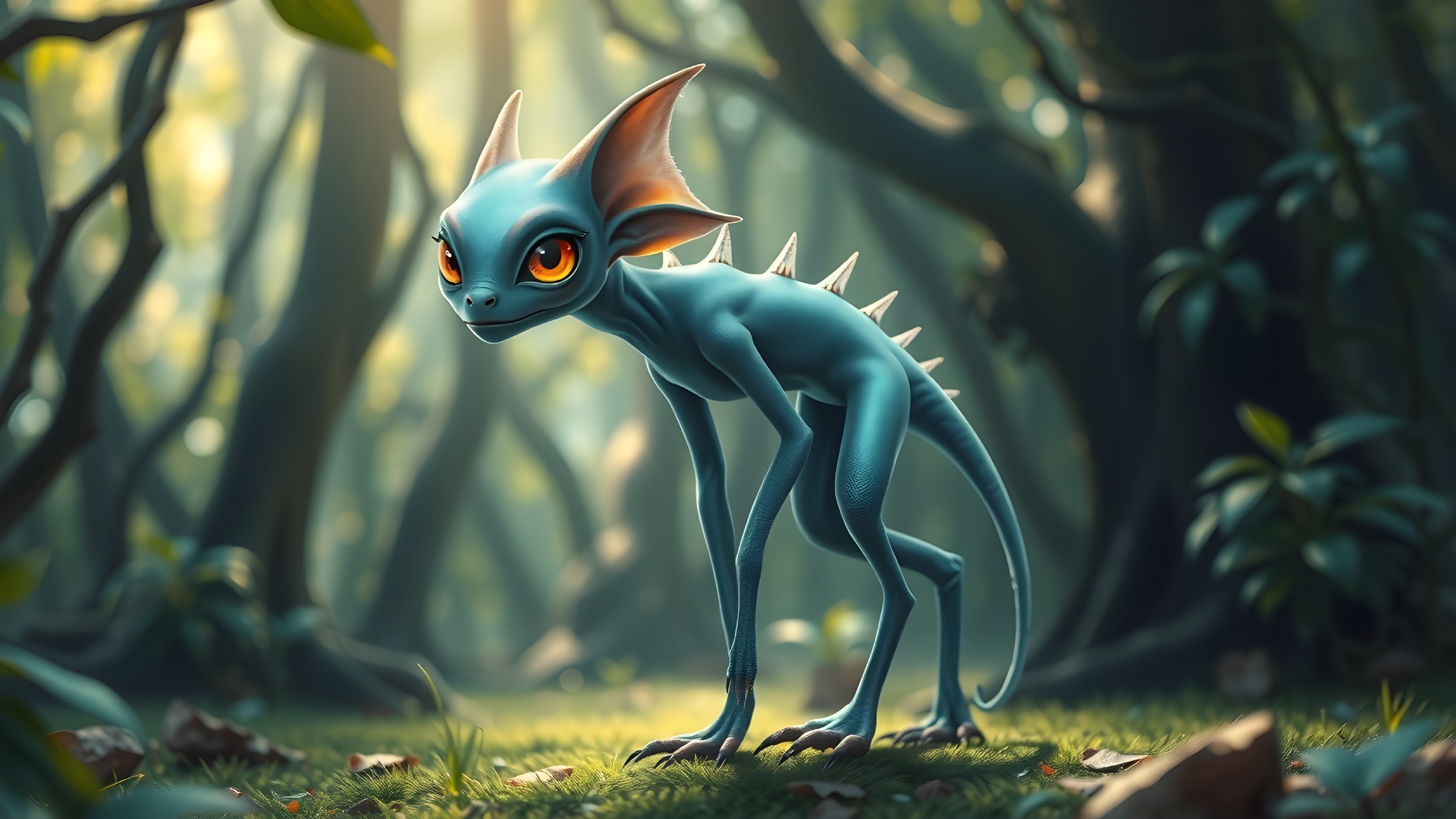 Blue Creature in Mystical Forest with Orange Eyes