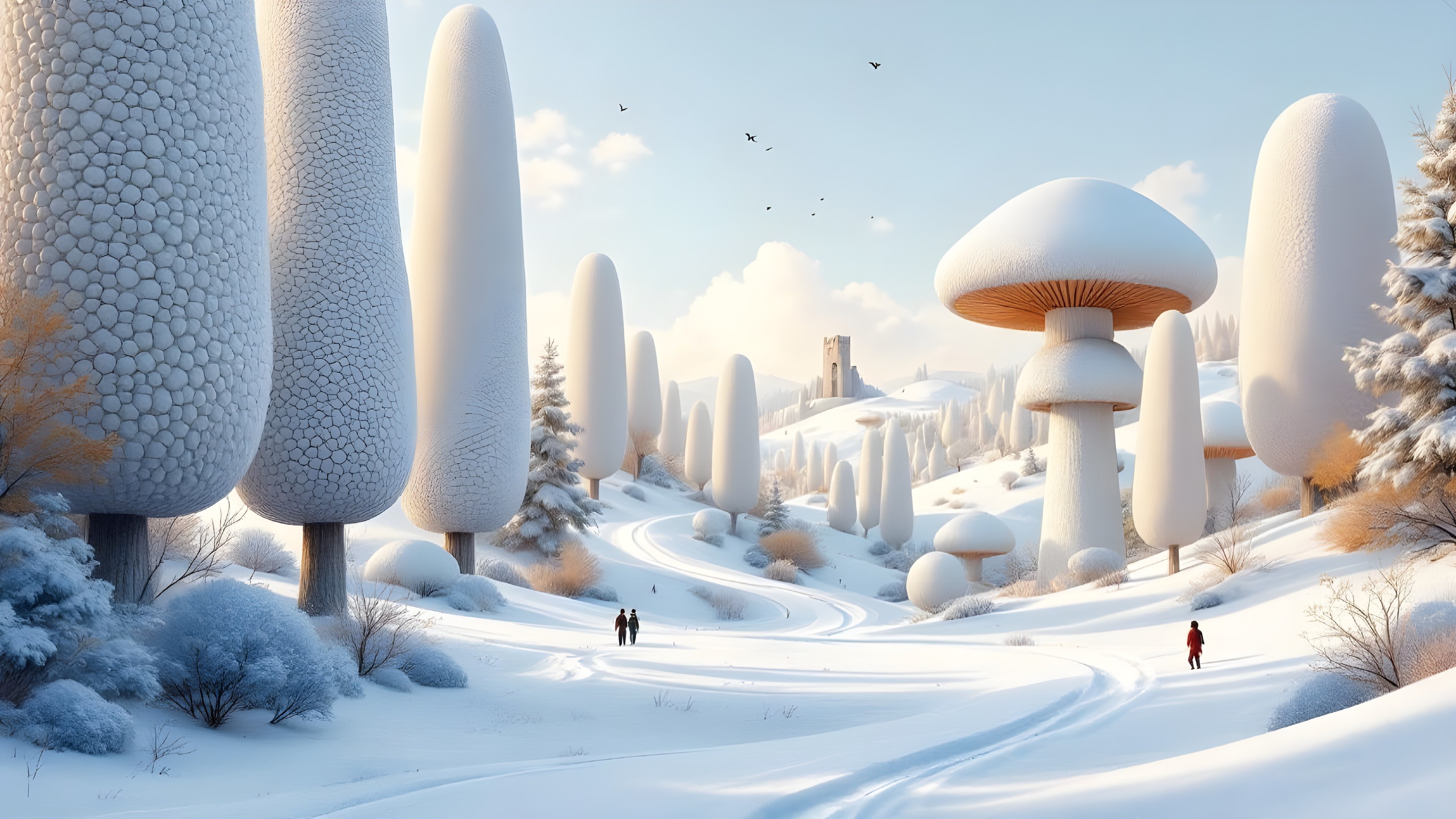 Whimsical Winter Landscape with Snowy Trees and Tower