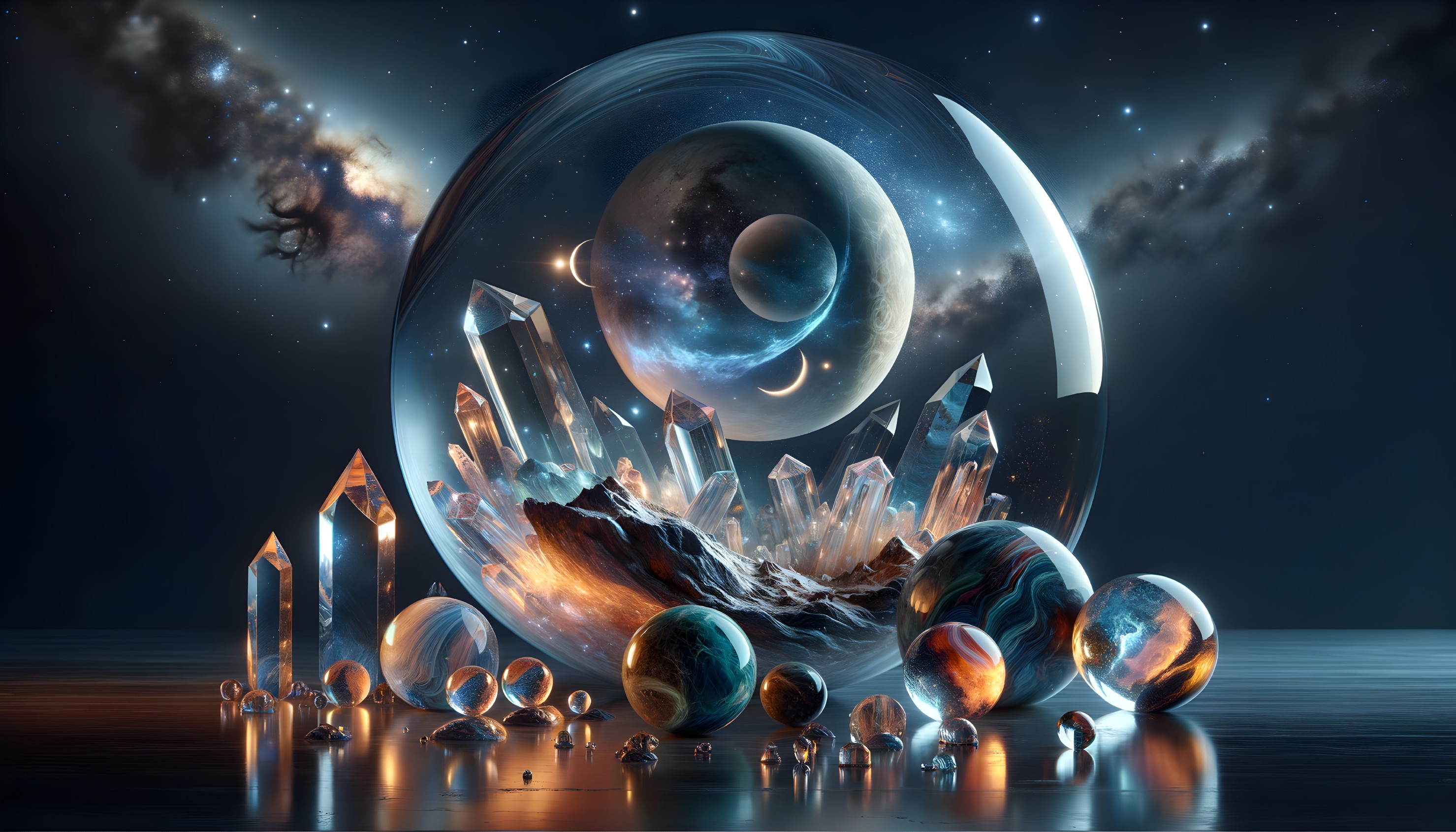 Cosmic Scene with Crystal Sphere and Celestial Landscape
