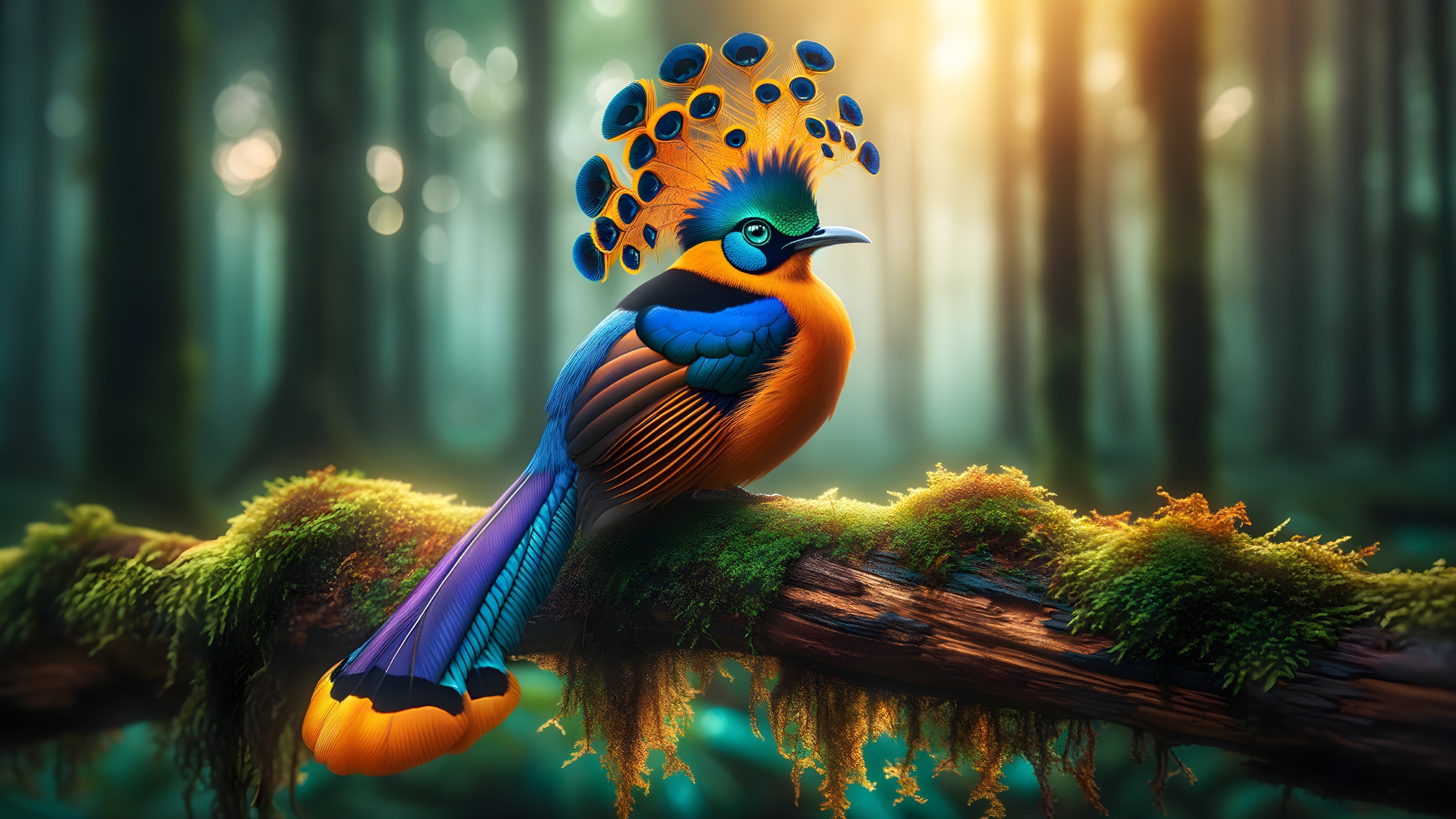 Vividly Colored Bird on Moss-Covered Branch in Forest