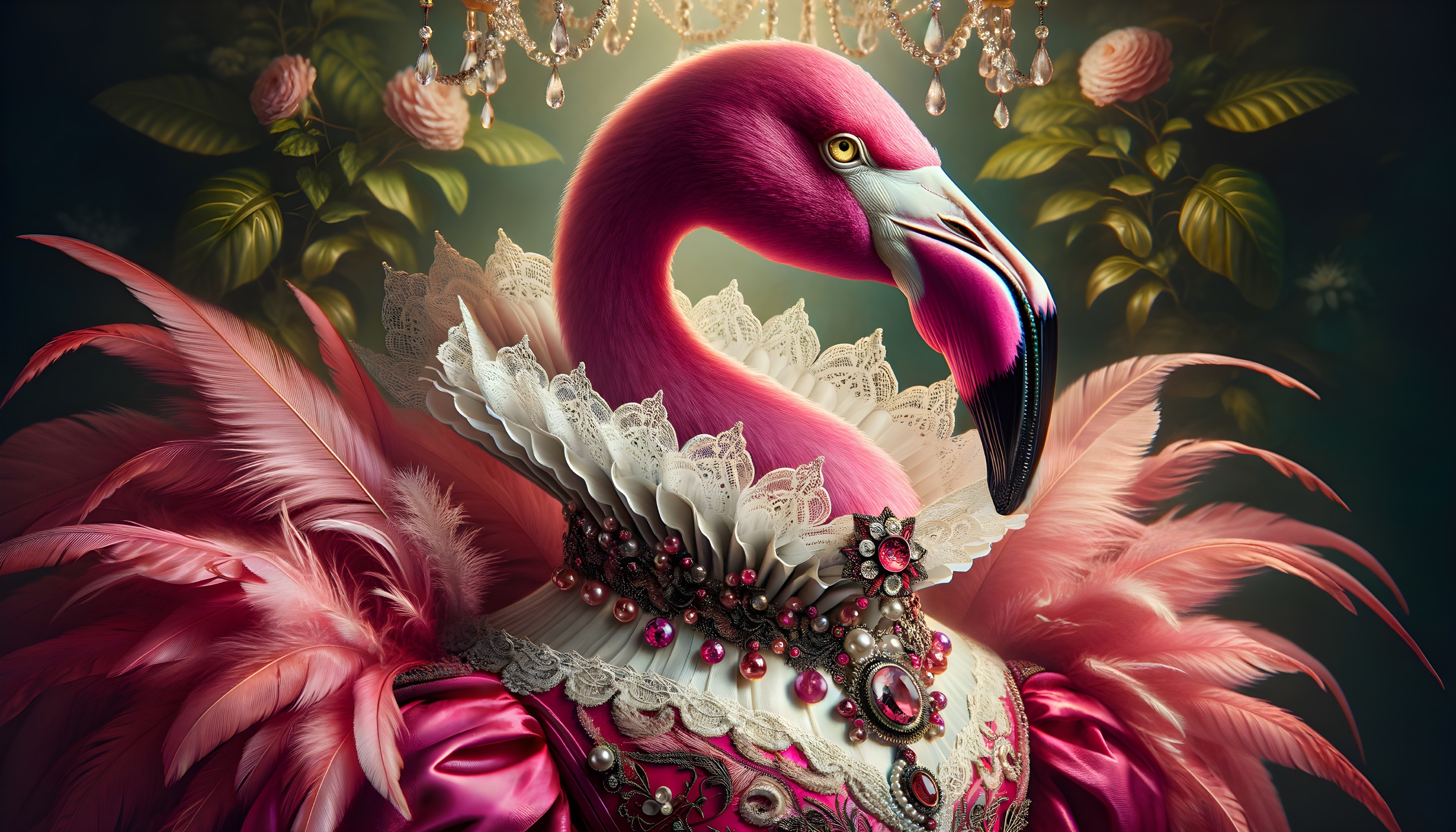 Flamboyant Flamingo in Opulent Costume and Decor