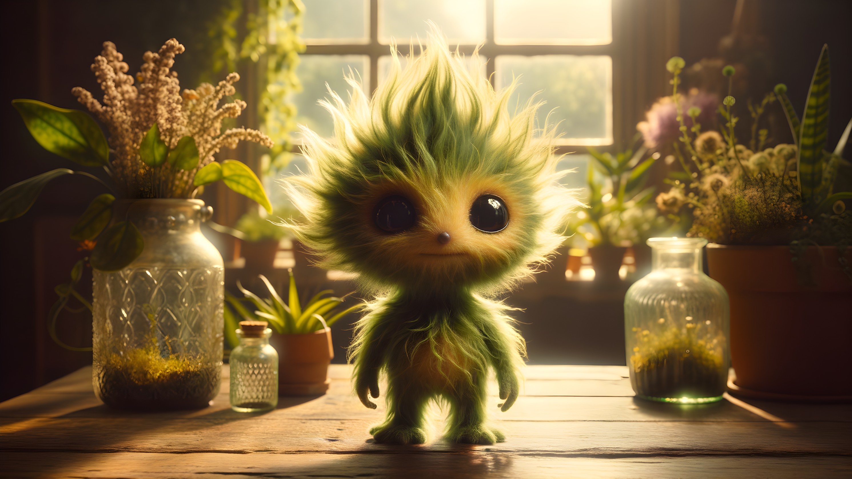 Whimsical Green Creature in Sunlit Plant Room