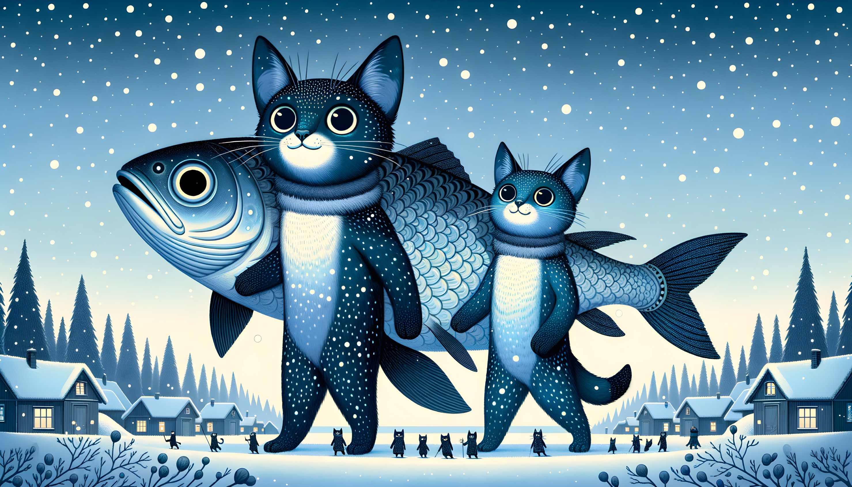 Whimsical Winter Scene with Stylized Cats and Fish