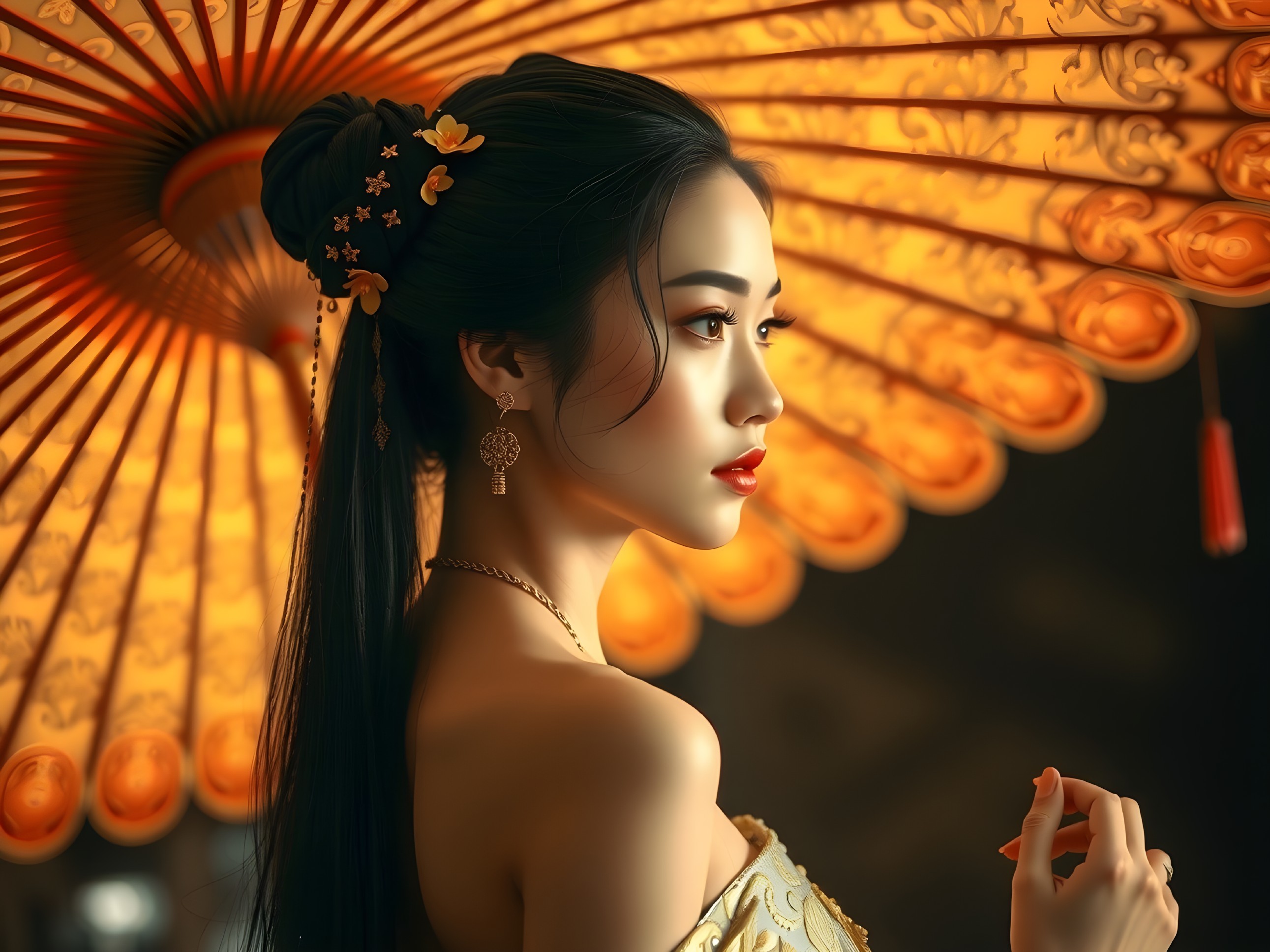 Elegant young woman under ornate orange parasol