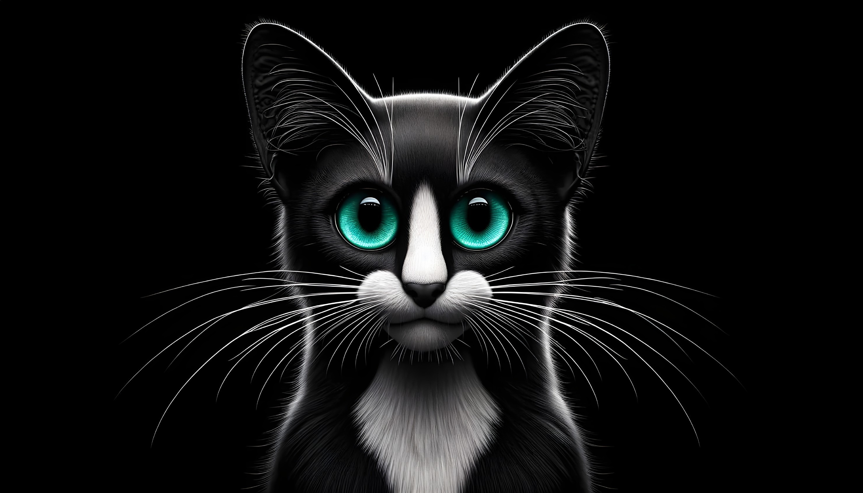 Black and White Cat with Turquoise Eyes on Black Background
