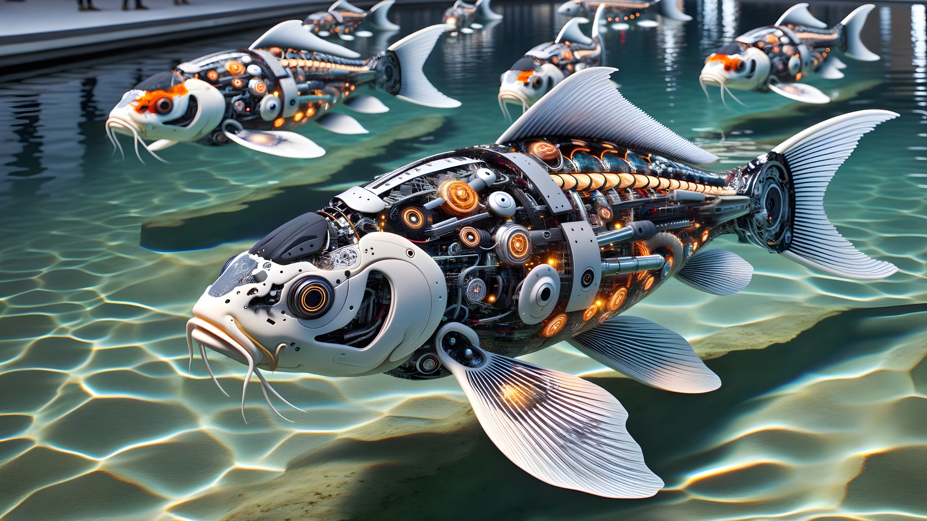 Futuristic Koi Fish in Serene Pond Setting