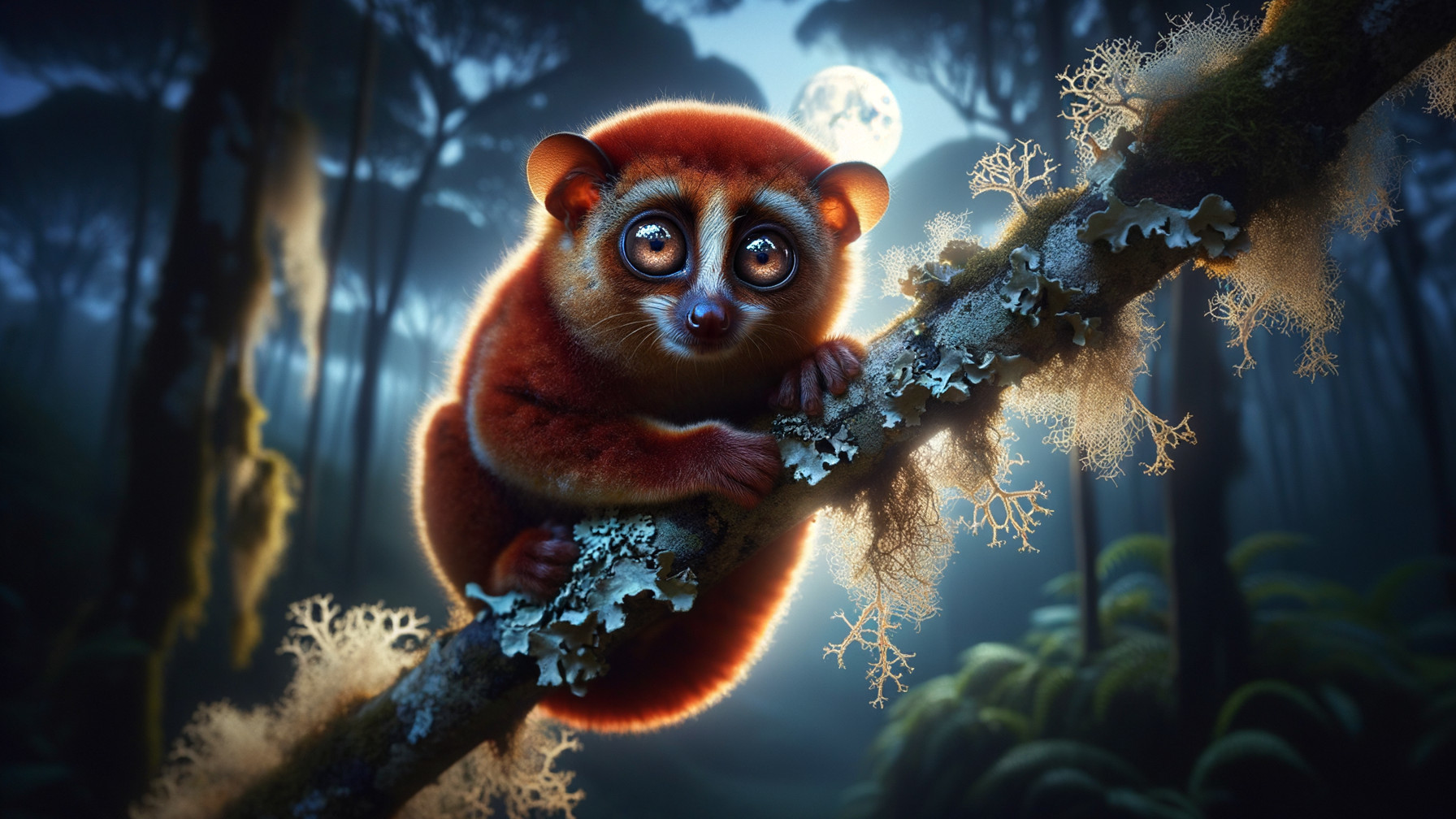 3D Render of a Red Loris in a Moonlit Forest