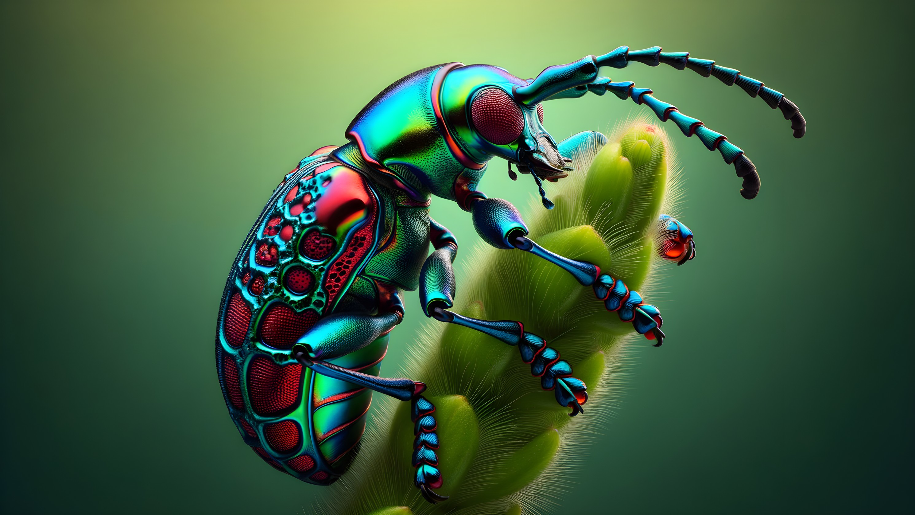 Vibrant Metallic Beetle on Green Plant Stem