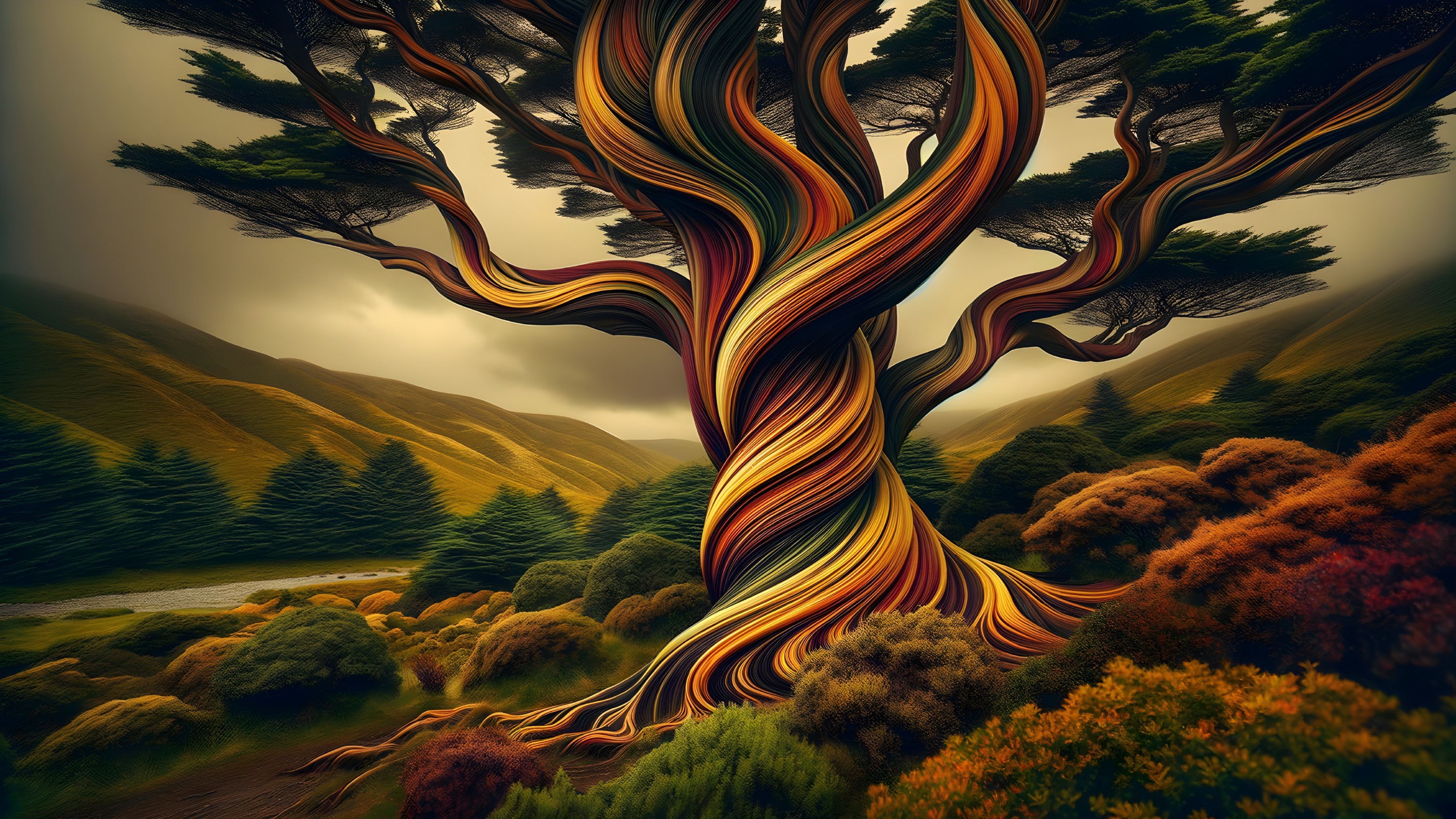 Surreal Tree with Colorful Patterns in Serene Landscape