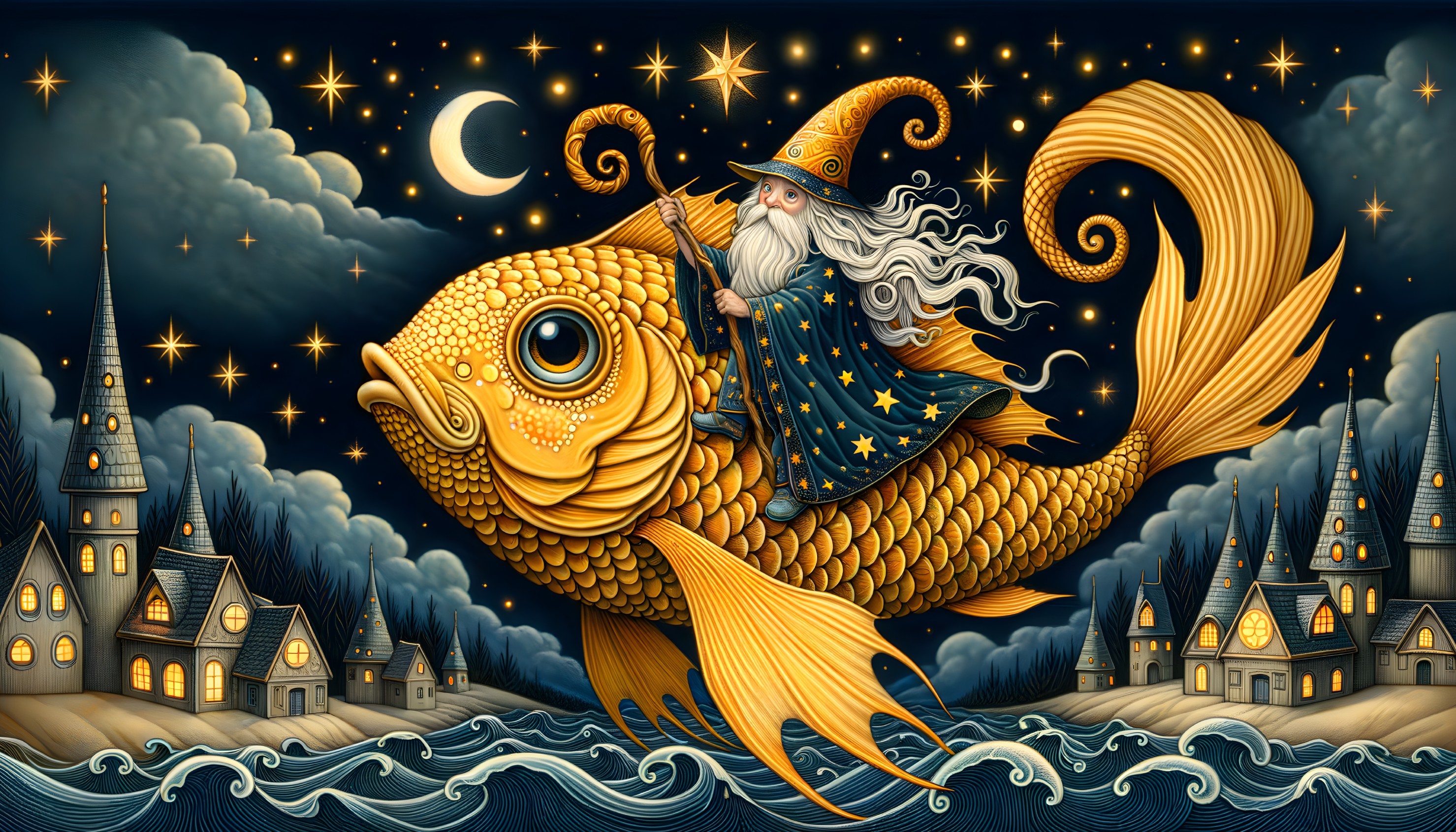 Whimsical Wizard Riding a Golden Fish Under Stars