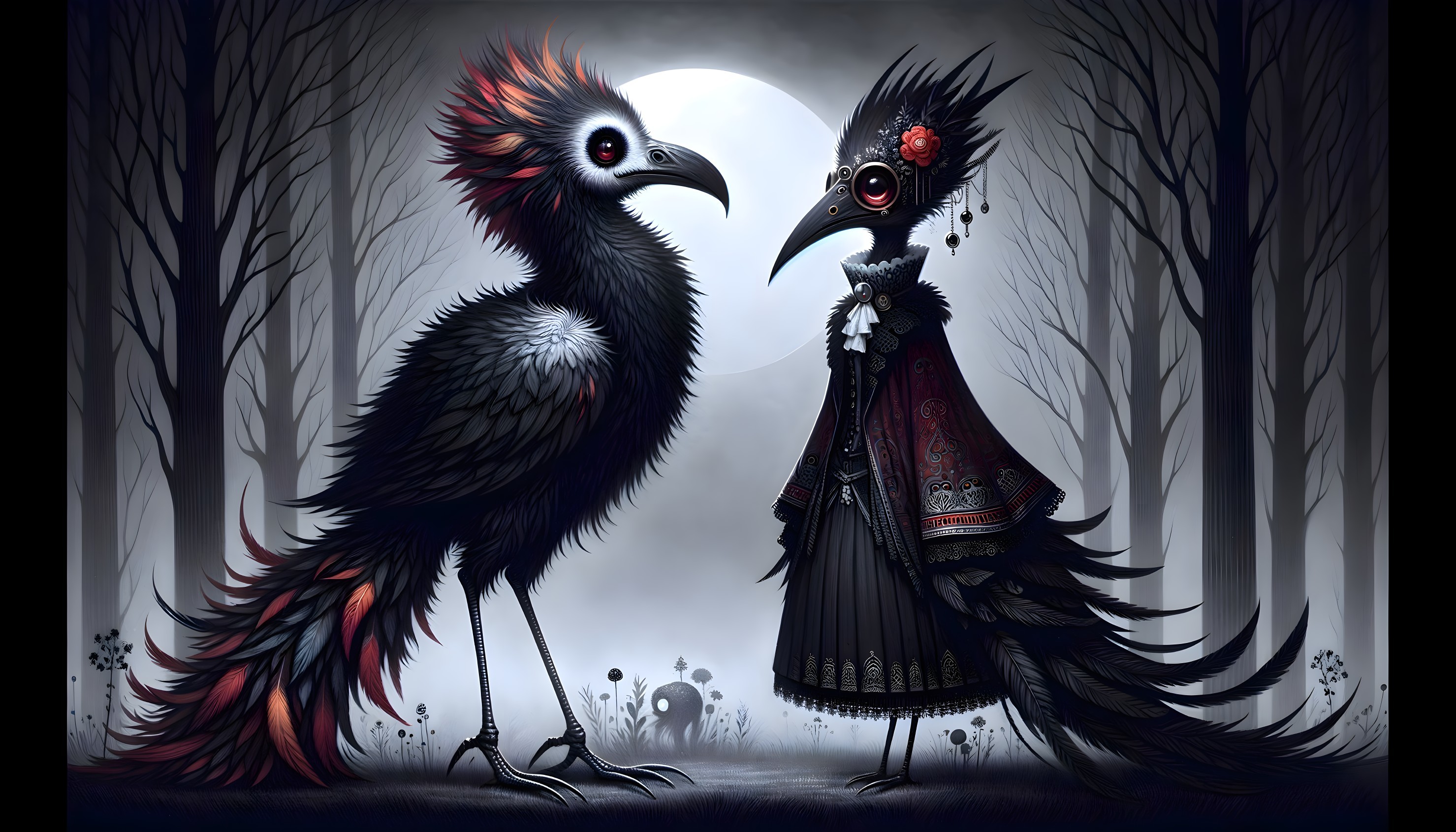 Stylized Birds in a Mystical Forest Under Moonlight