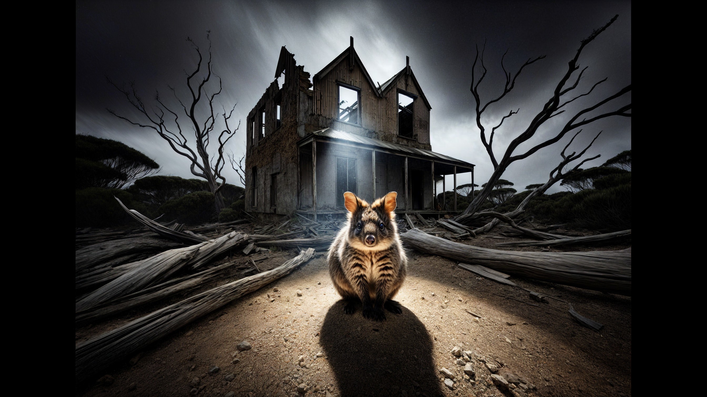 Abandoned House and Striped Pig in Stormy Landscape
