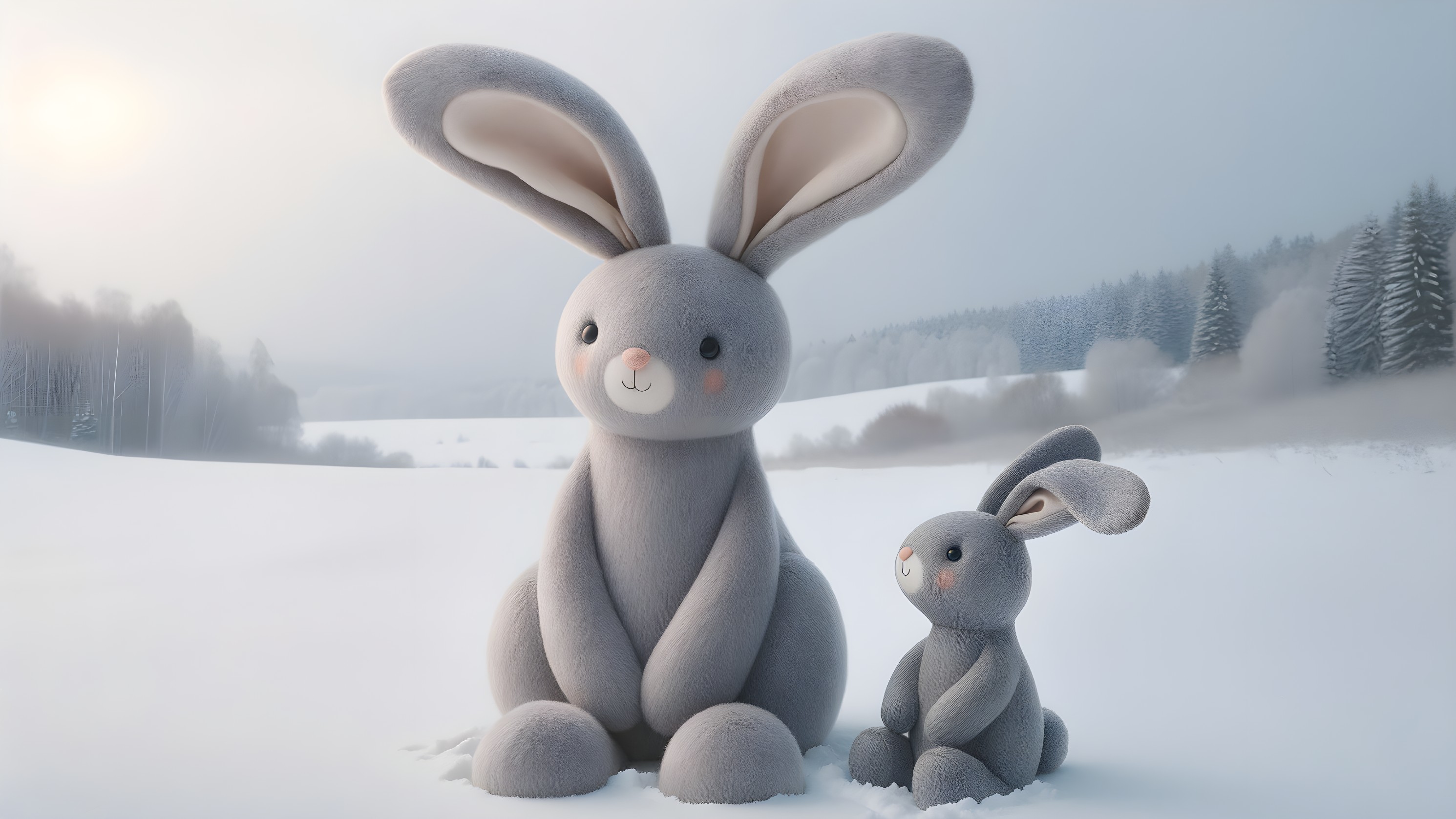 Plushy Gray Bunnies in a Serene Winter Landscape