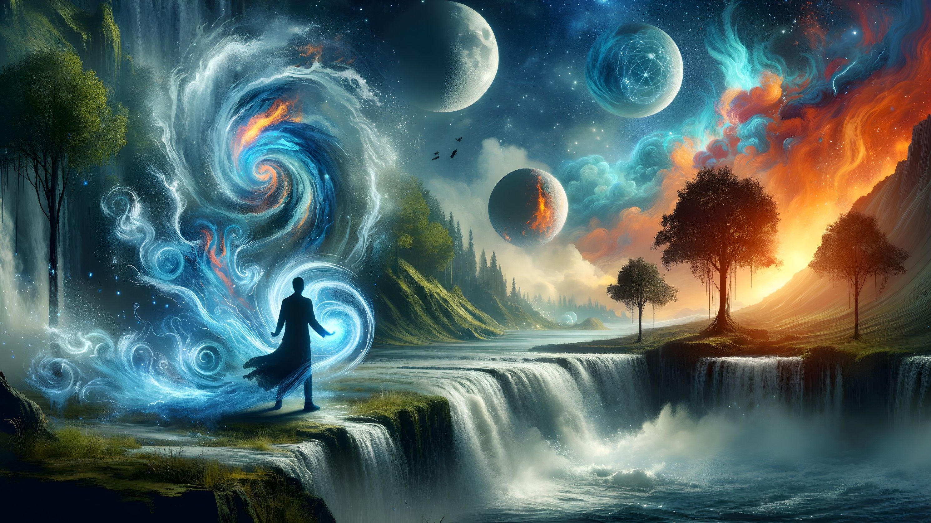 Cascading Waterfall Surrounded by Cosmic Vortex