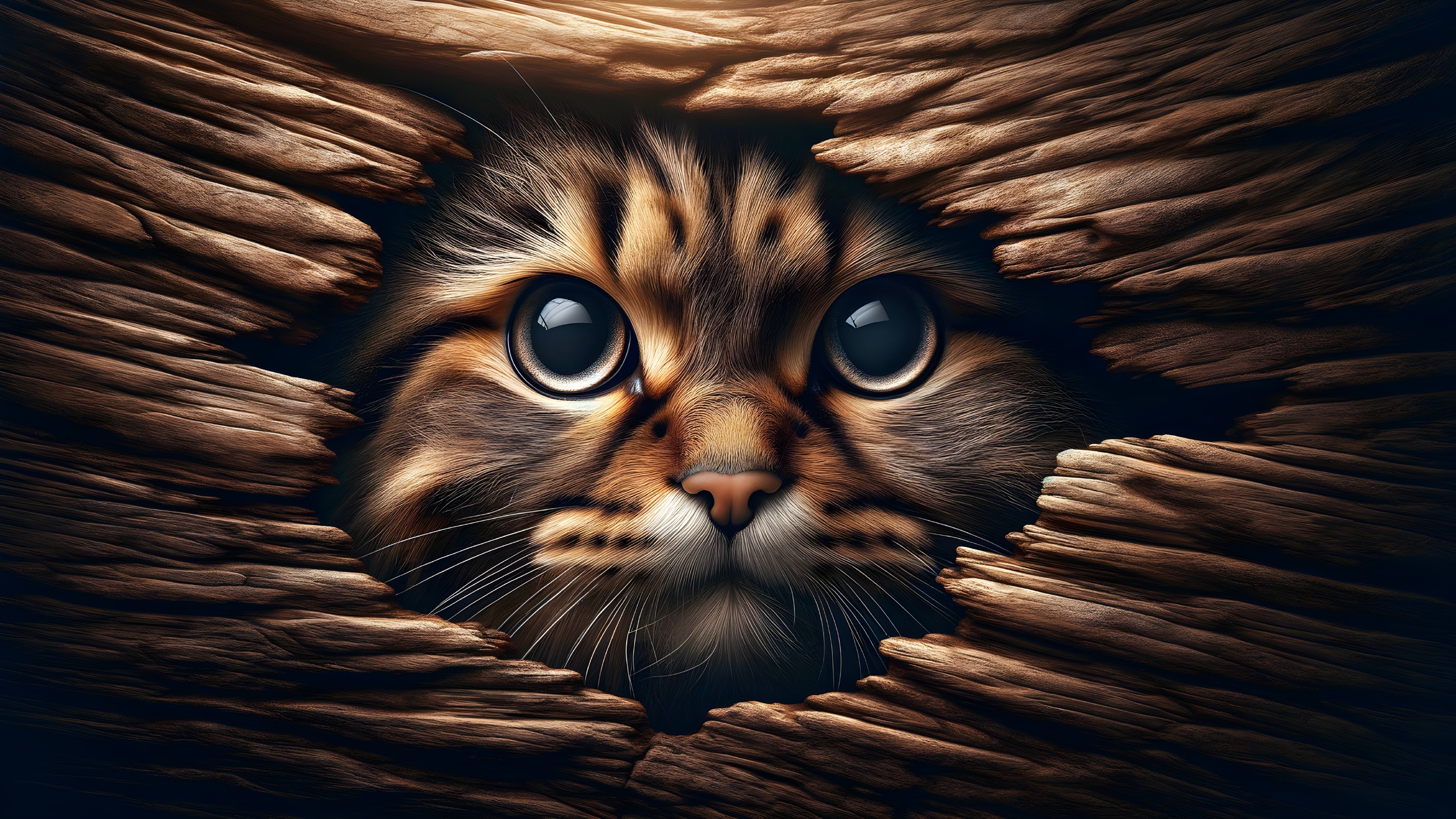 Close-up of a cat's face through wooden texture