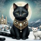 Black Cat with Necklace in Snowy Castle Landscape