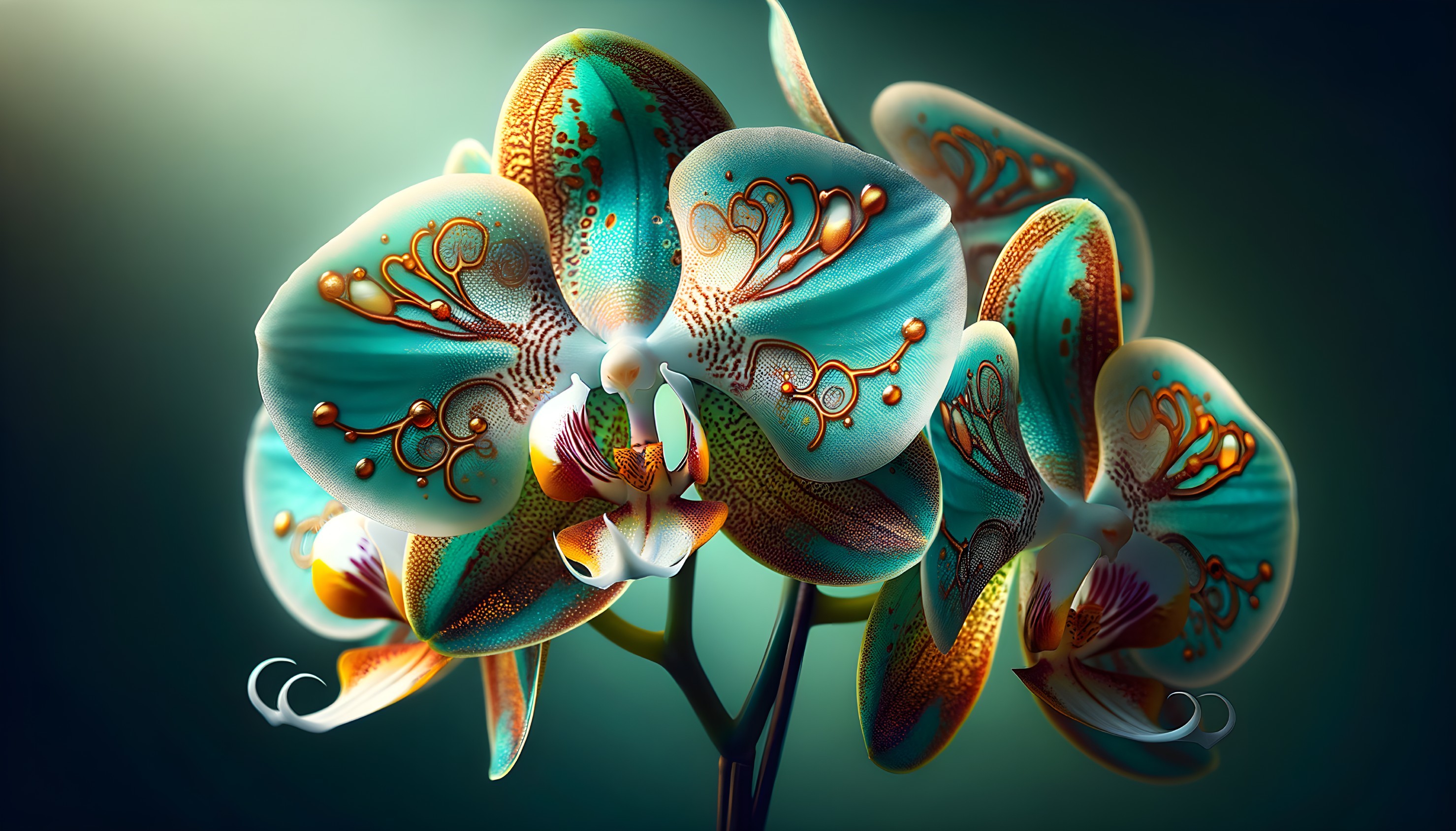 Vibrant Teal Orchids with Golden Patterns Displayed