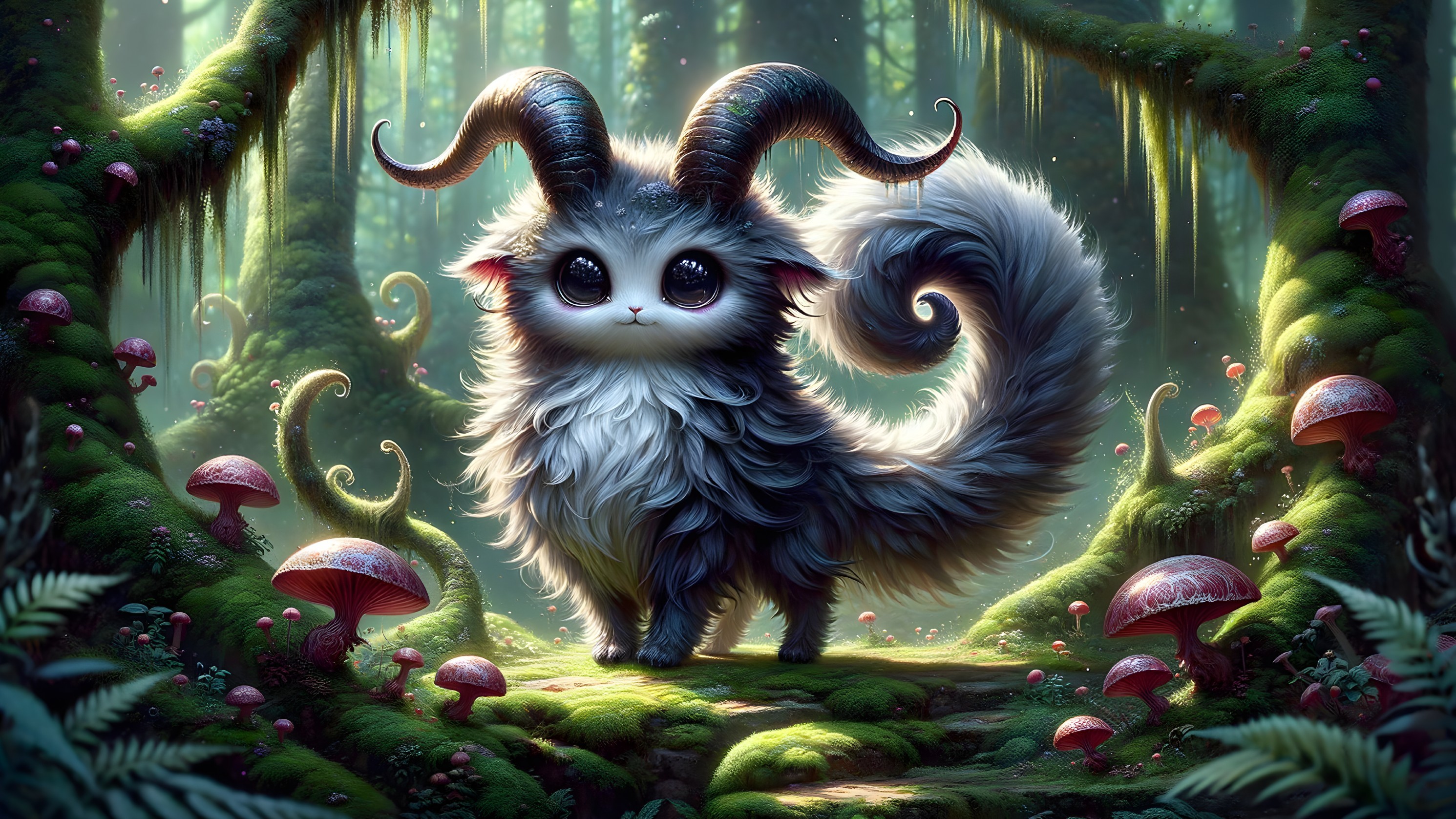 Fluffy Creature in a Mystical Forest with Mushrooms