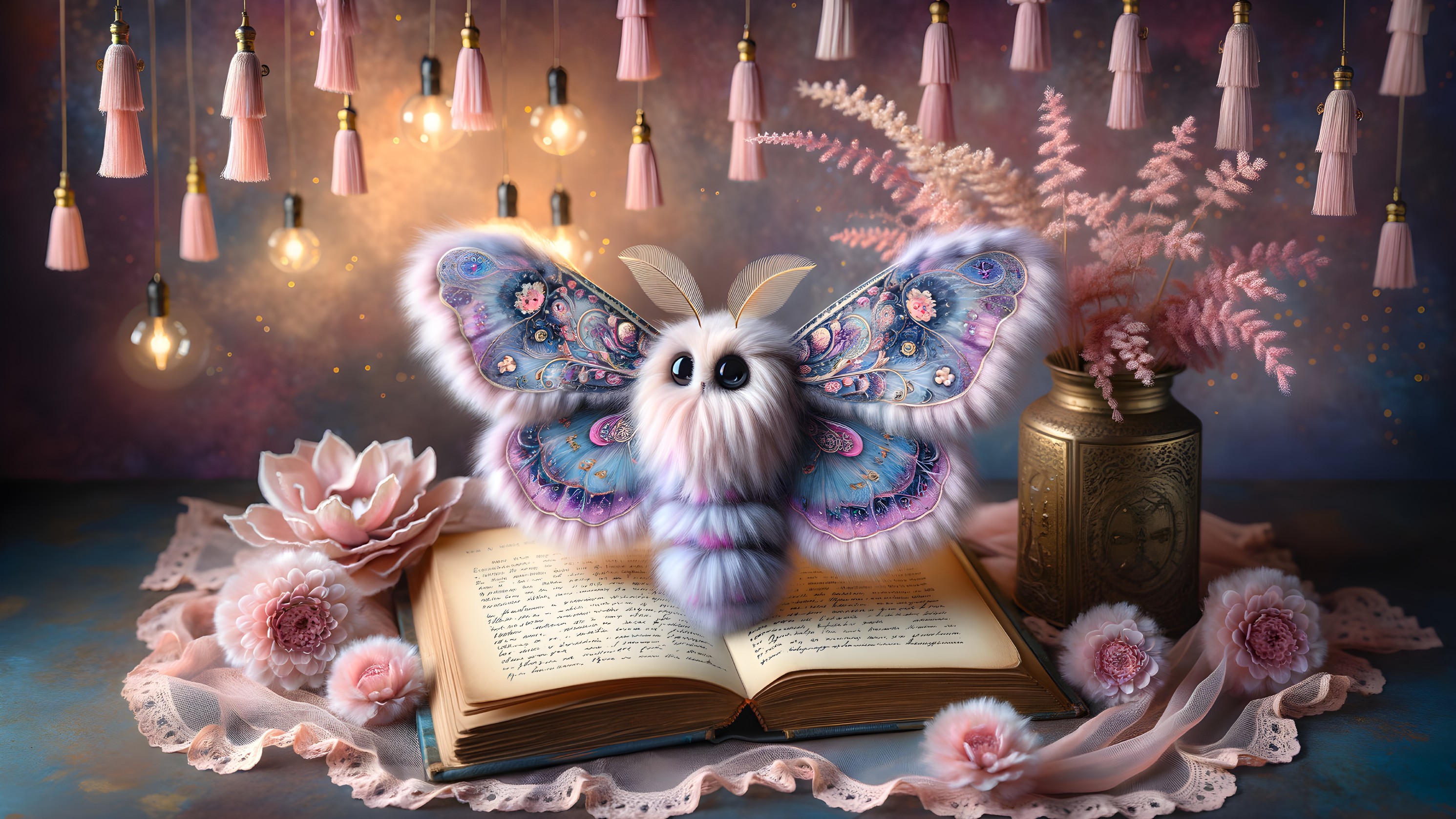 Fluffy Moth on Book Surrounded by Flowers and Lights