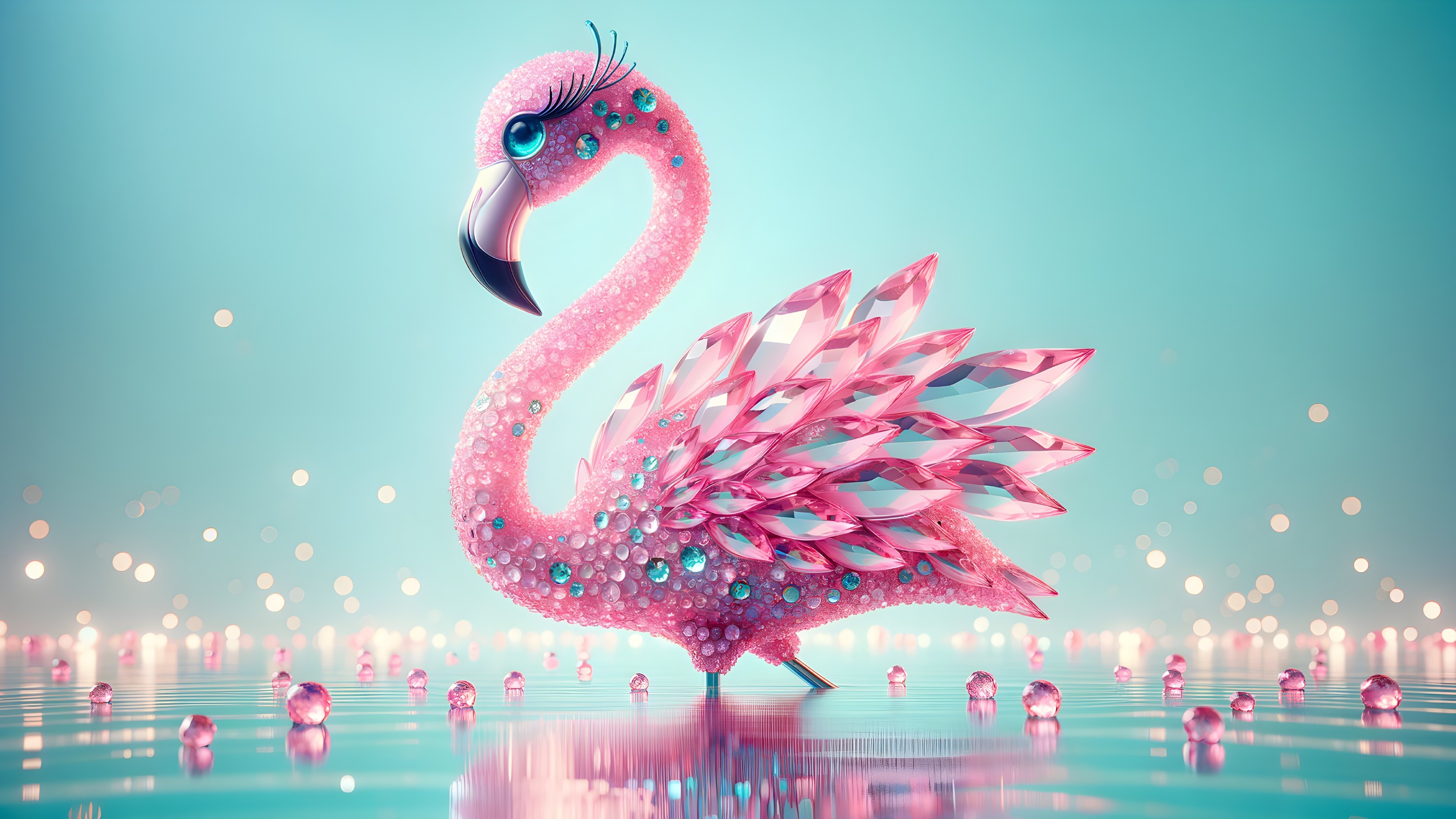 Whimsical Pink Flamingo with Gemstones on Aqua Background