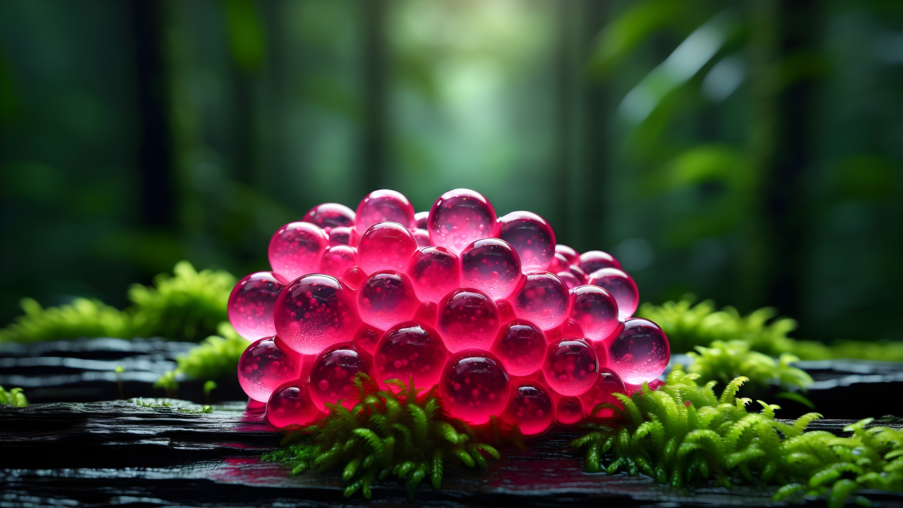 Translucent Pink Gelatinous Spheres on Green Moss