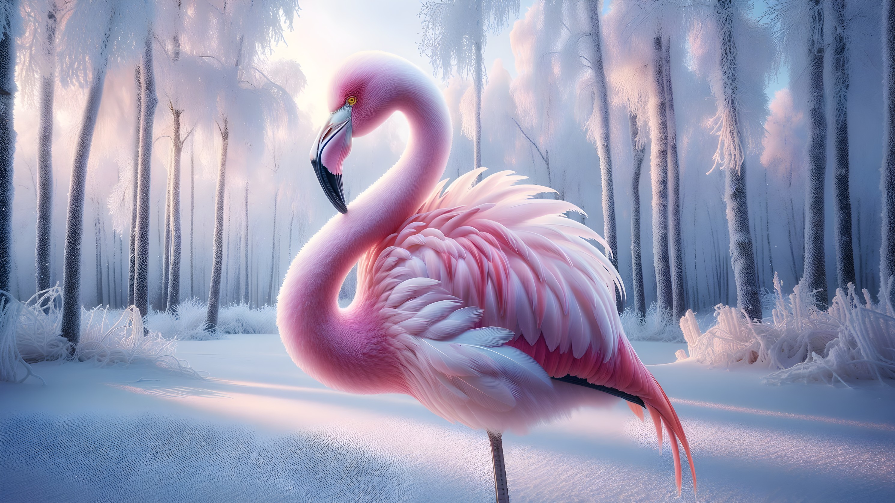 Pink Flamingo in Frosty Landscape with Tall Trees