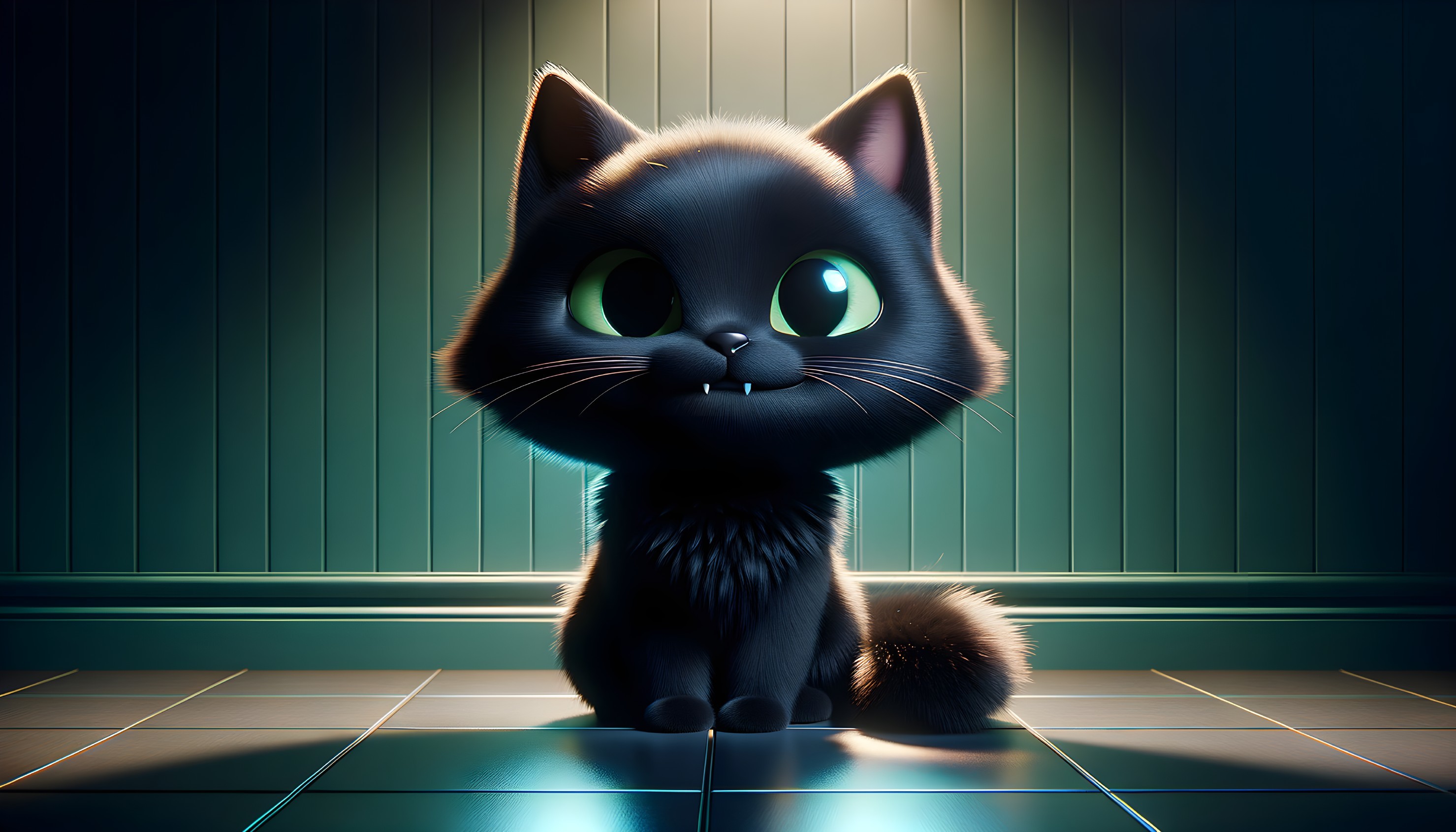 Stylized black kitten with green eyes in dim room