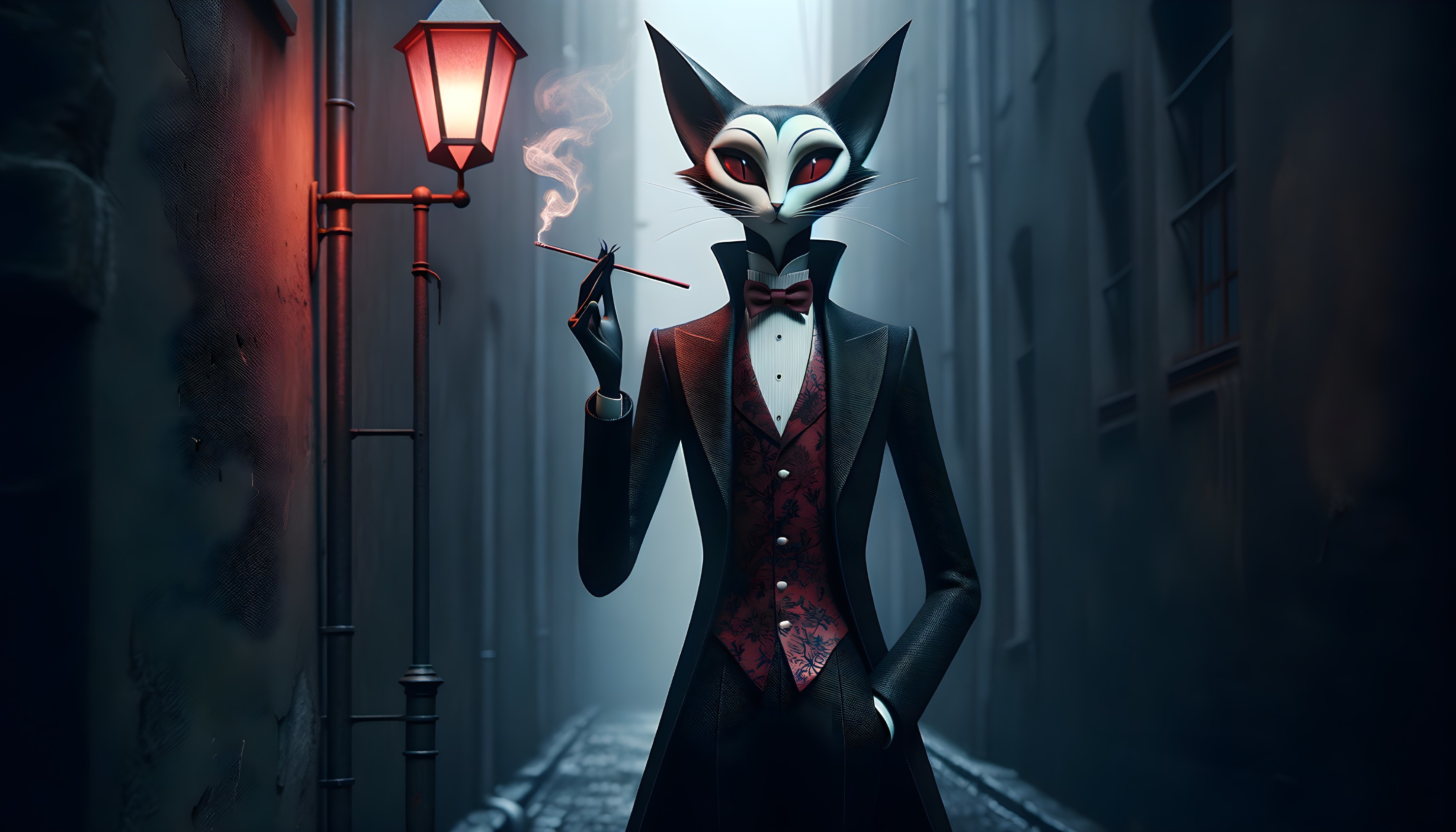 Dapper Cat in Tuxedo in Dimly Lit Alley