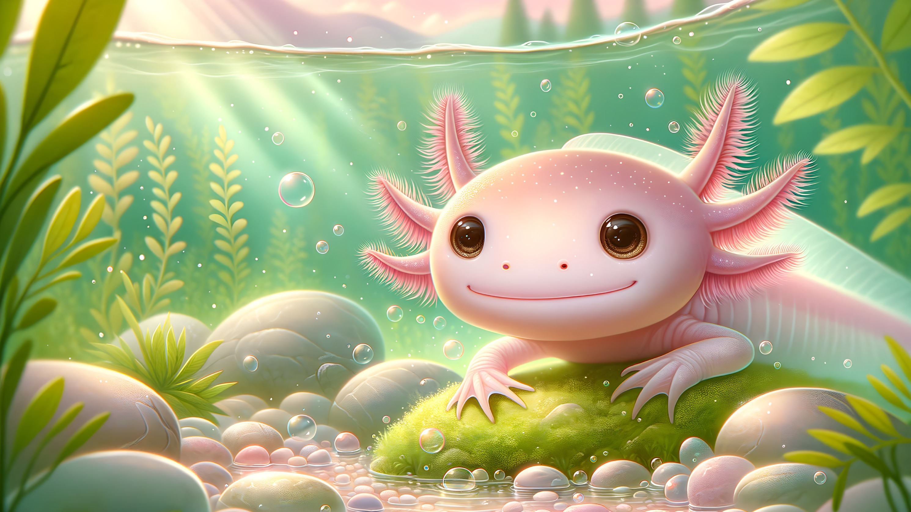 Cheerful Axolotl in a Serene Underwater Scene