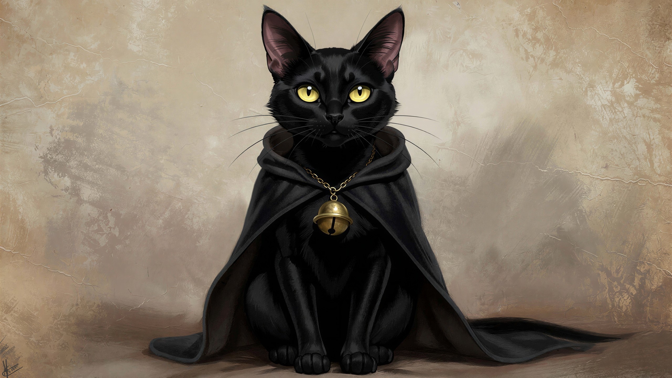 Black Cat in Cloak with Yellow Eyes and Golden Bell