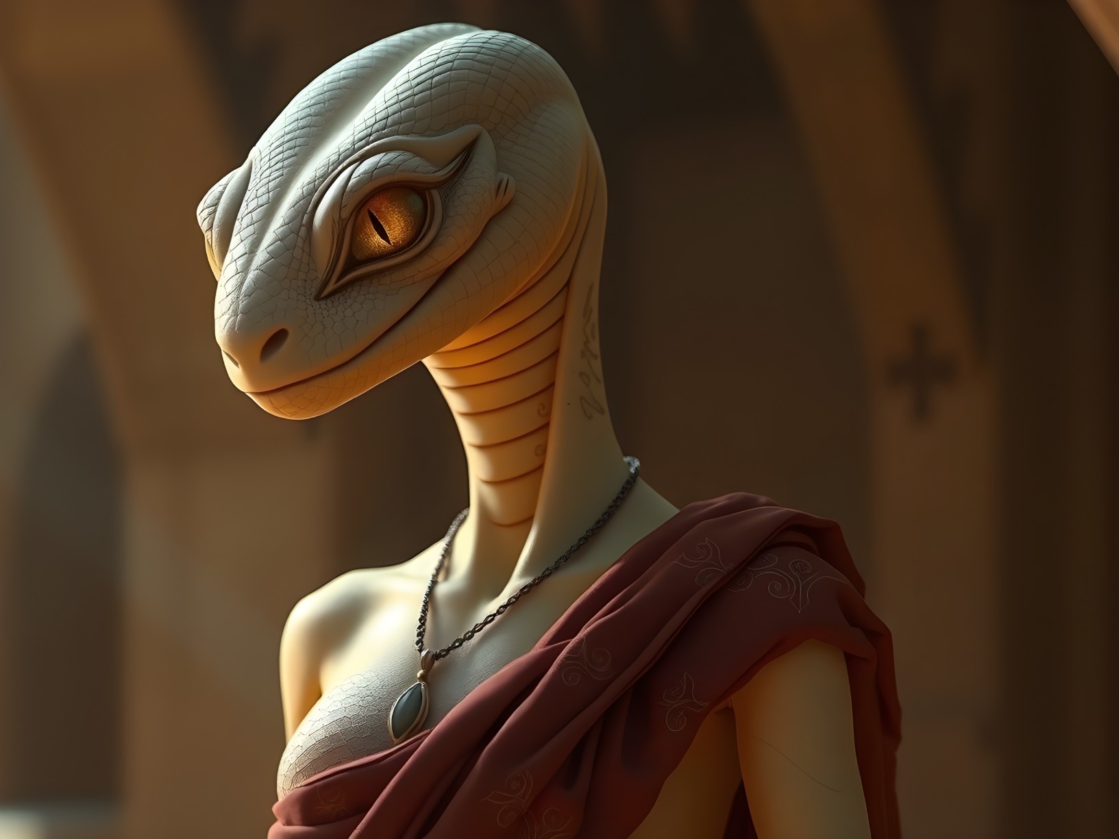 Humanoid Creature with Lizard Head in Mystical Setting