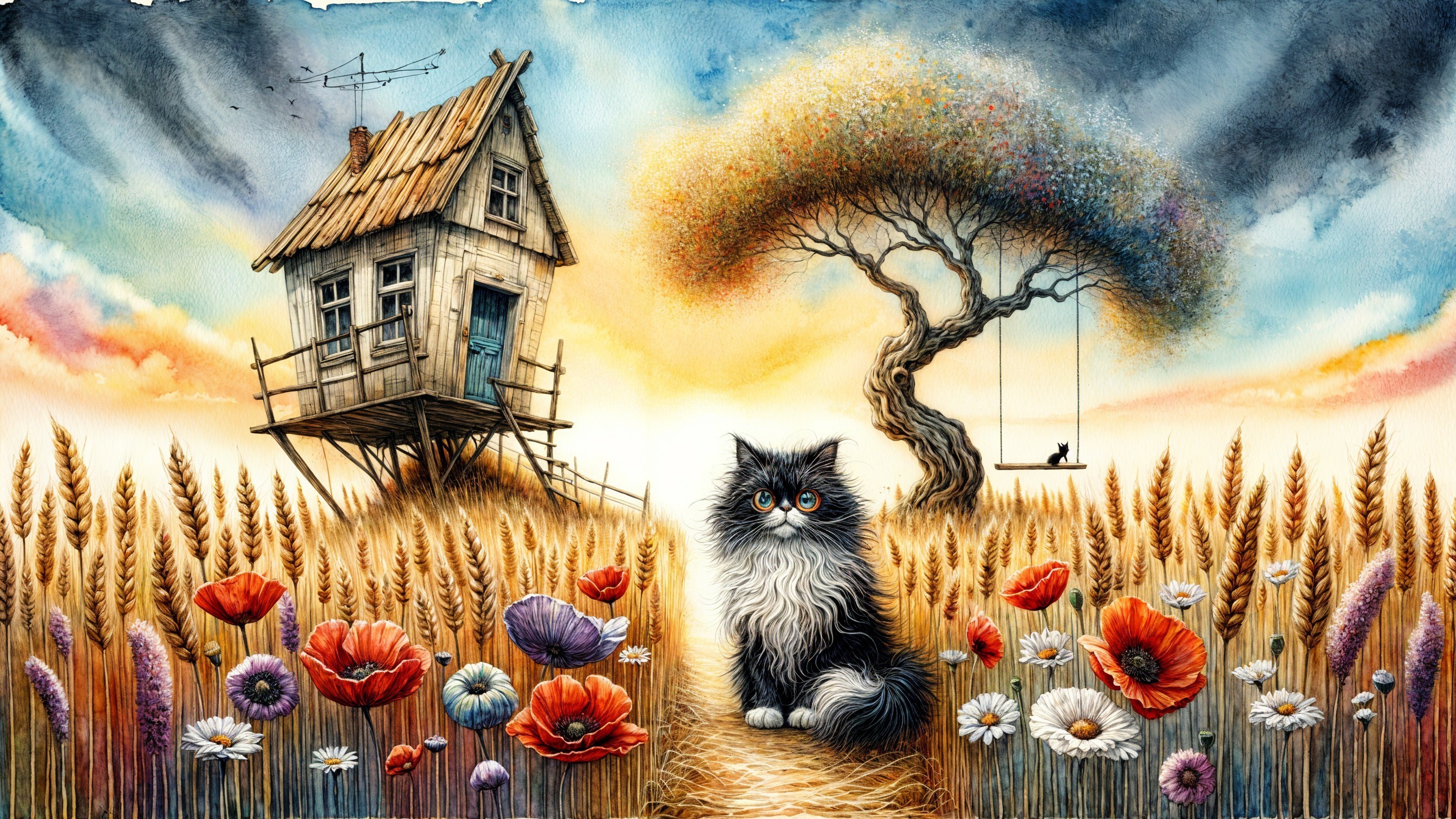 Whimsical House in Wheat Field with Cat and Flowers