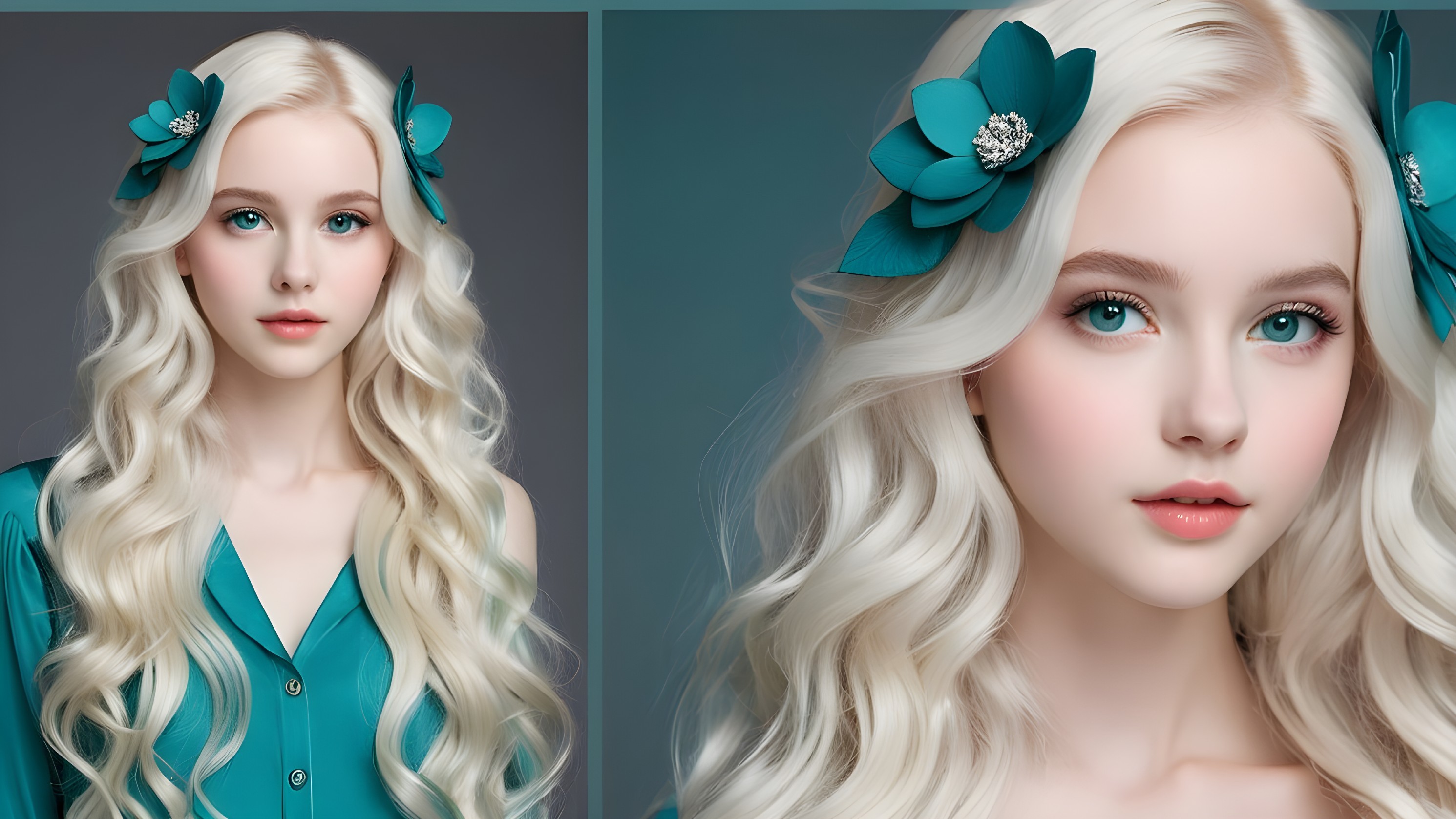 Young woman with blonde hair and teal blouse in soft light