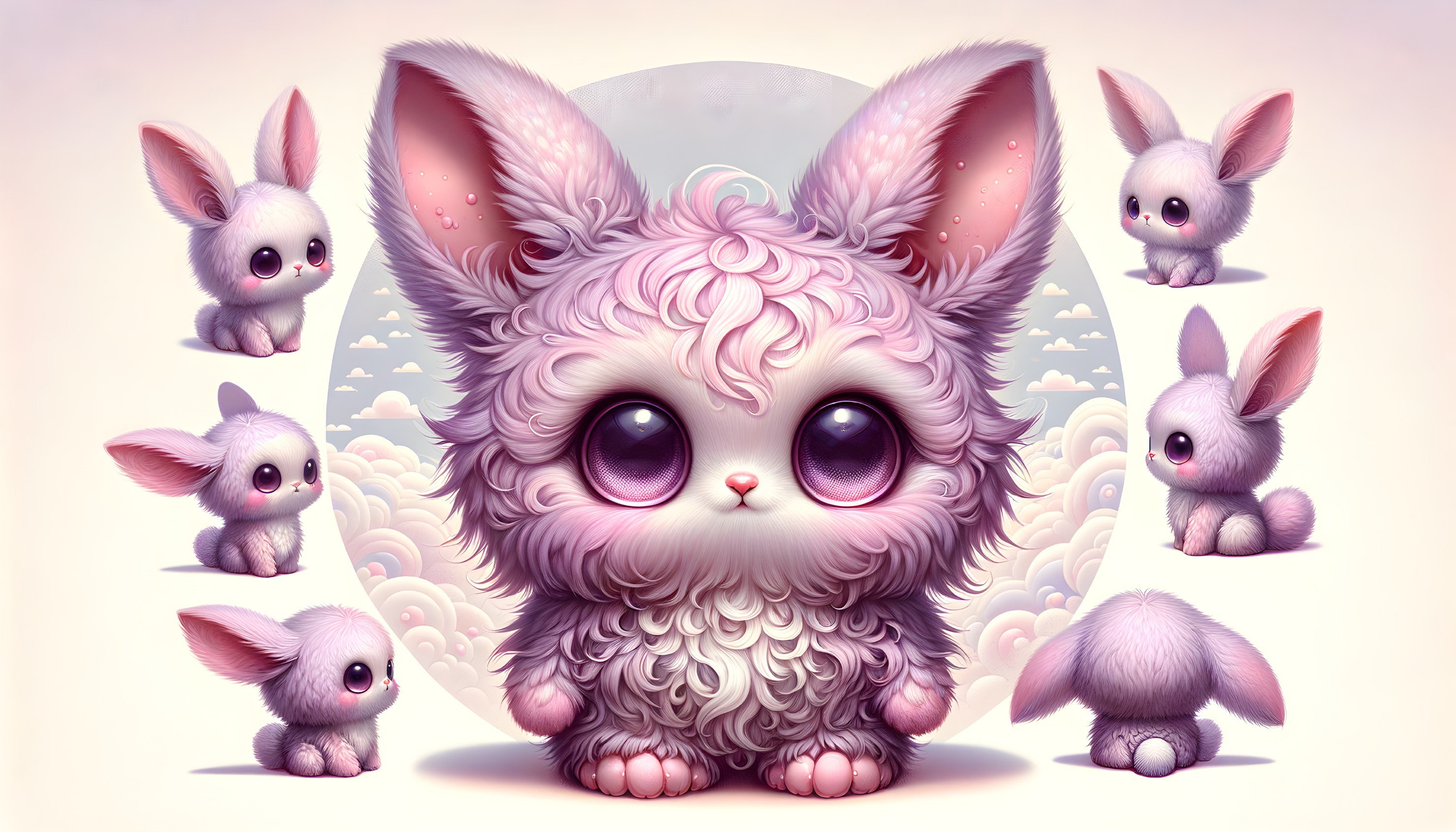 Whimsical Illustration of Fluffy Pink Bunny Characters