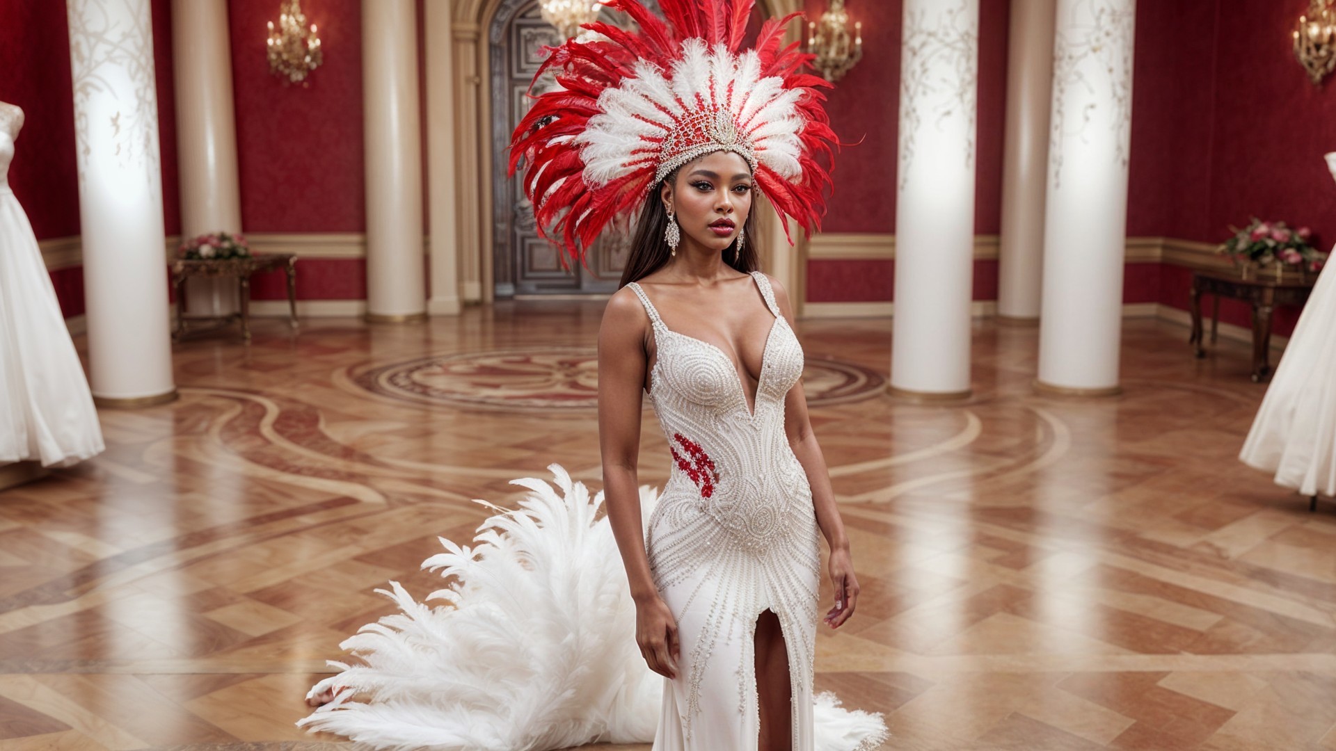 Glamorous white gown with beadwork and feathered headdress